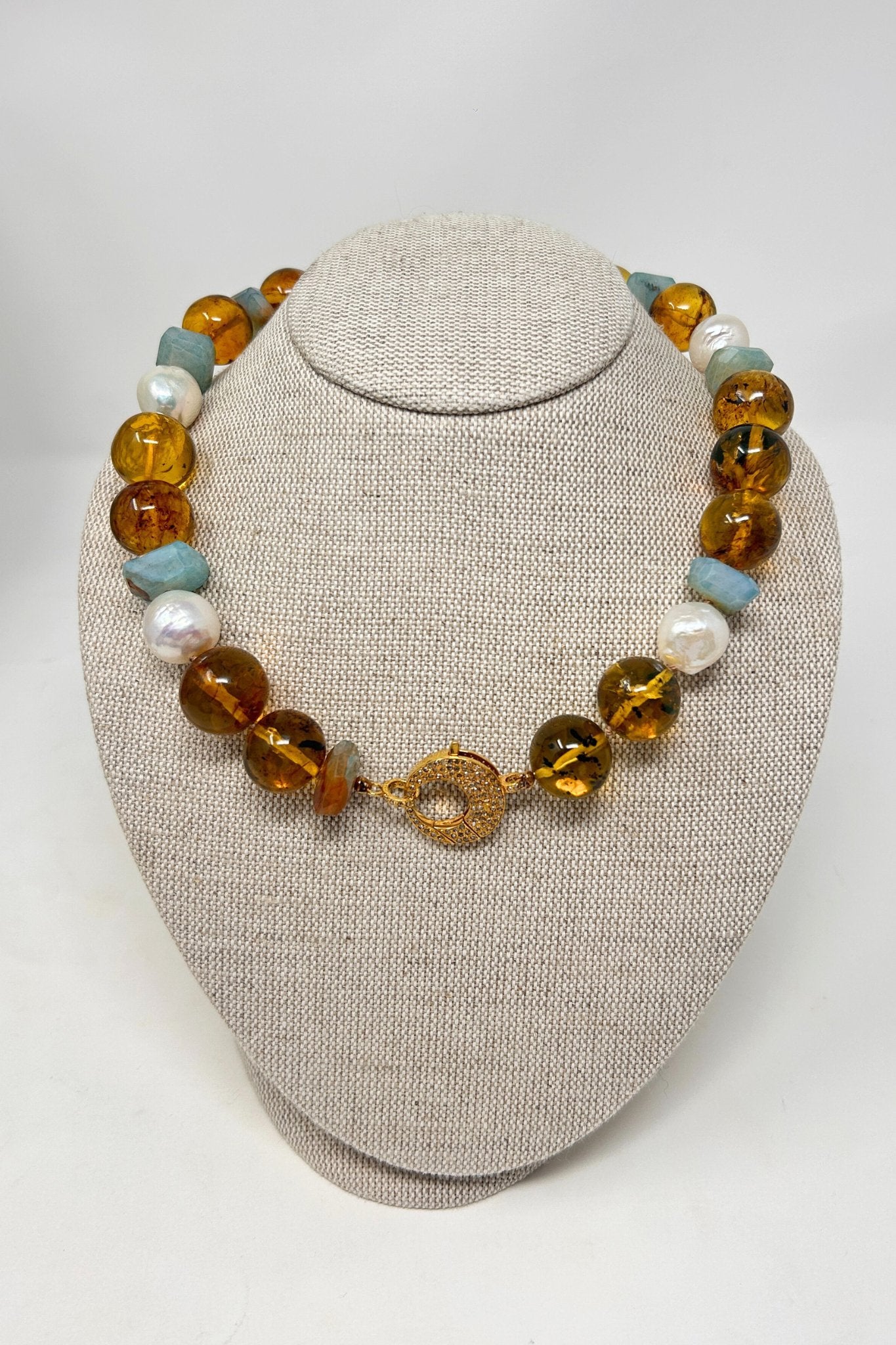 The Woods Short Amber, Pearl and Amazonite Necklace (trunk show) - Vermillion