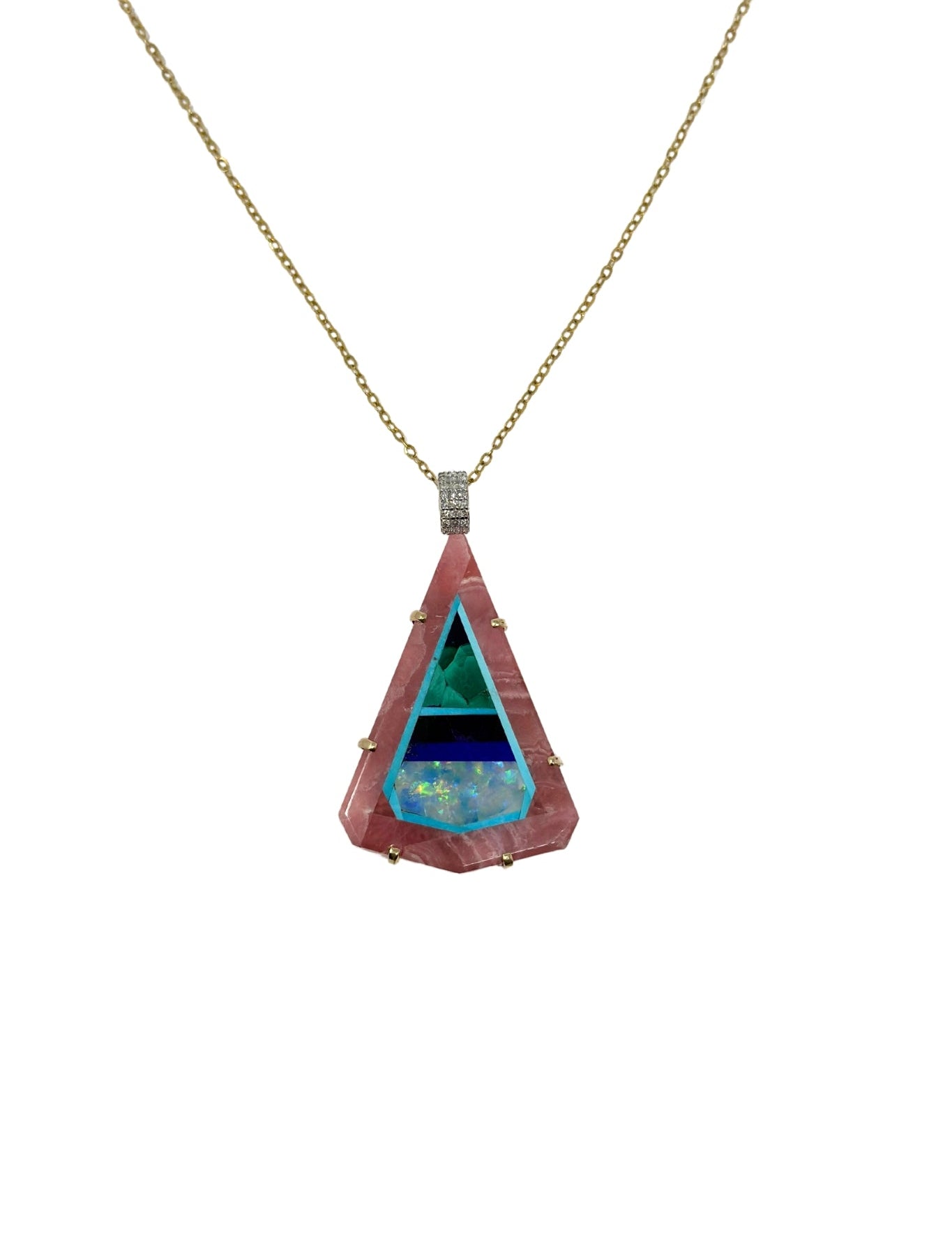 The Woods TS Necklace with Natural Inlaid Rhodochrosite with Malachite, Lapis, Opal, and Turquoise Pendant - Vermillion