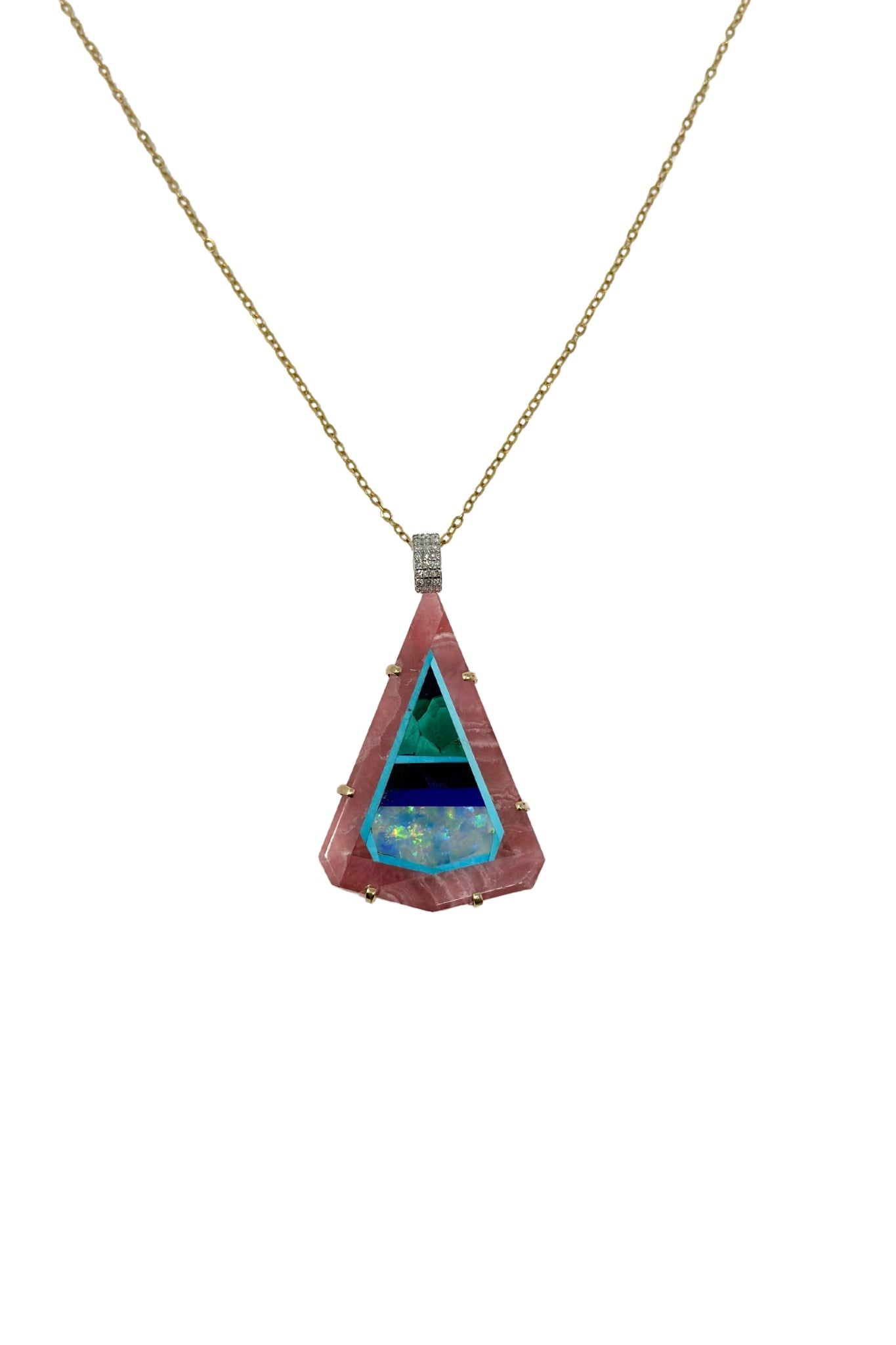 The Woods TS Necklace with Natural Inlaid Rhodochrosite with Malachite, Lapis, Opal, and Turquoise Pendant - Vermillion