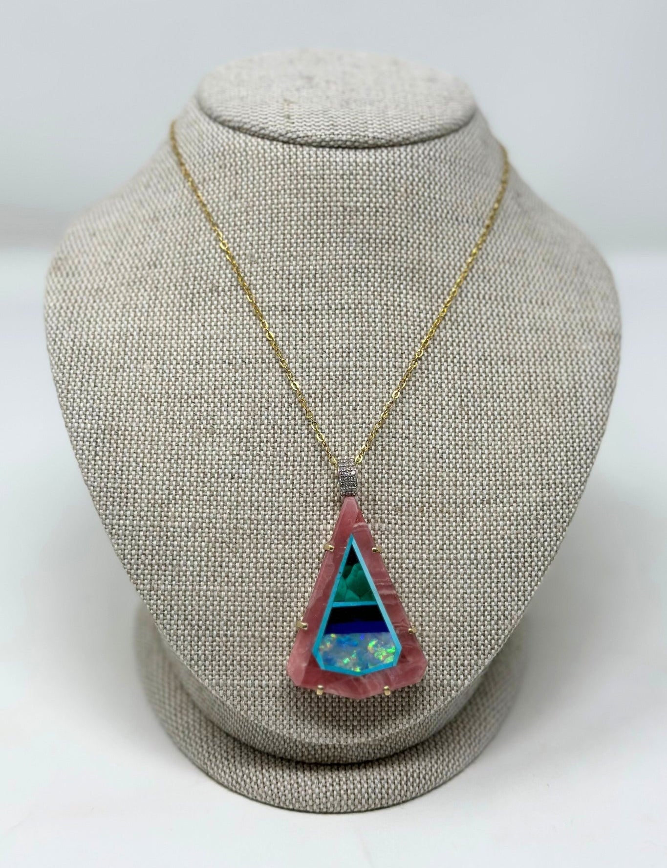 The Woods TS Necklace with Natural Inlaid Rhodochrosite with Malachite, Lapis, Opal, and Turquoise Pendant - Vermillion