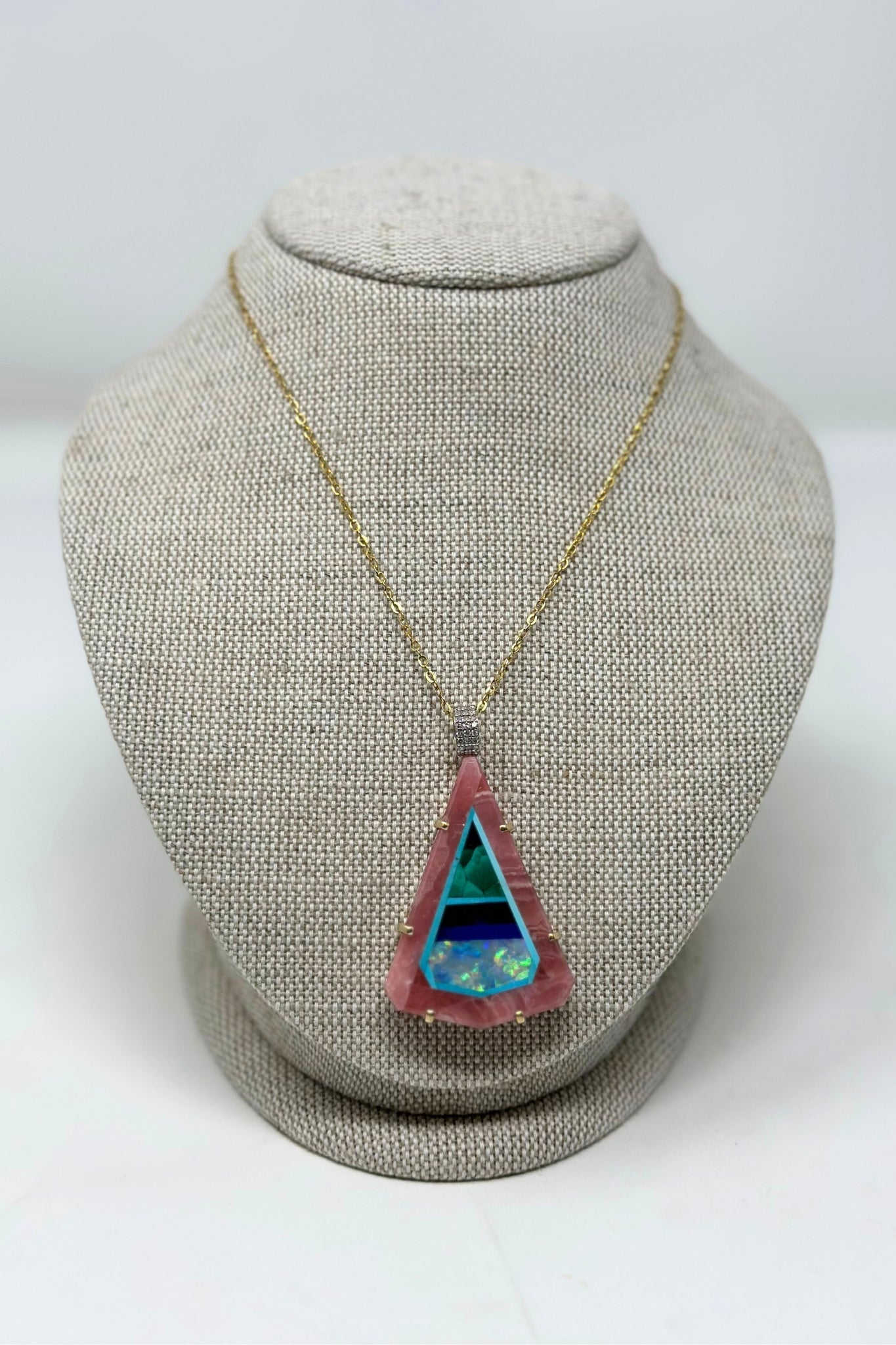 The Woods TS Necklace with Natural Inlaid Rhodochrosite with Malachite, Lapis, Opal, and Turquoise Pendant - Vermillion