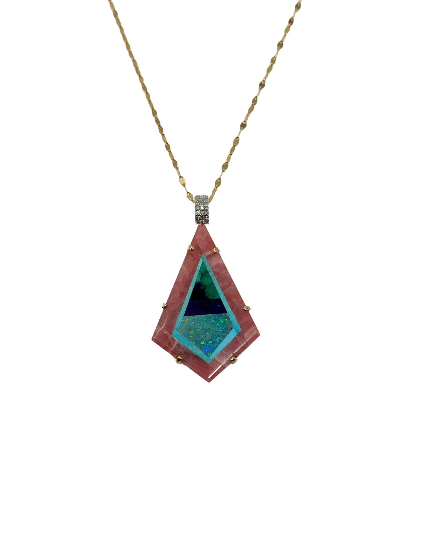 The Woods TS Necklace with Natural Inlaid Rhodochrosite with Malachite, Opal and Turquoise Pendant - Vermillion