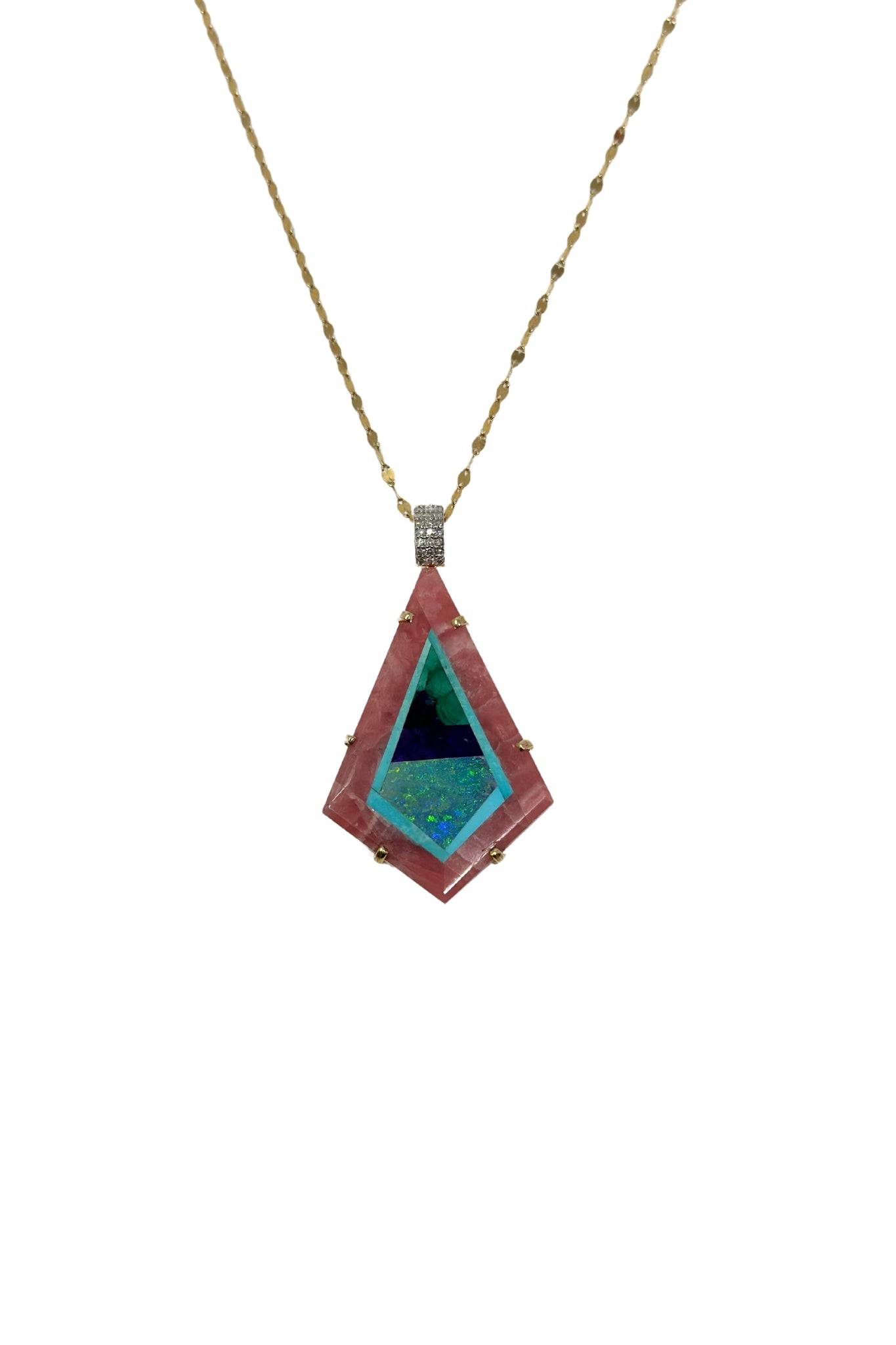 The Woods TS Necklace with Natural Inlaid Rhodochrosite with Malachite, Opal and Turquoise Pendant - Vermillion