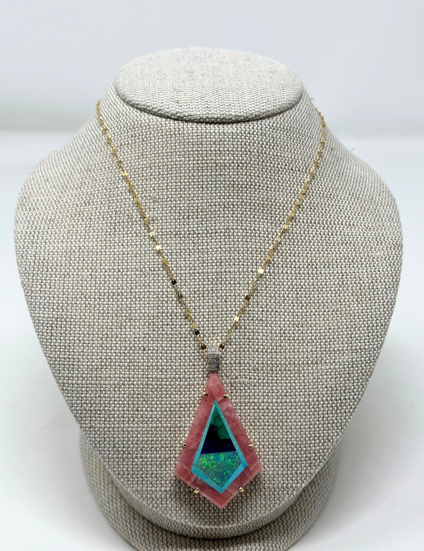 The Woods TS Necklace with Natural Inlaid Rhodochrosite with Malachite, Opal and Turquoise Pendant - Vermillion