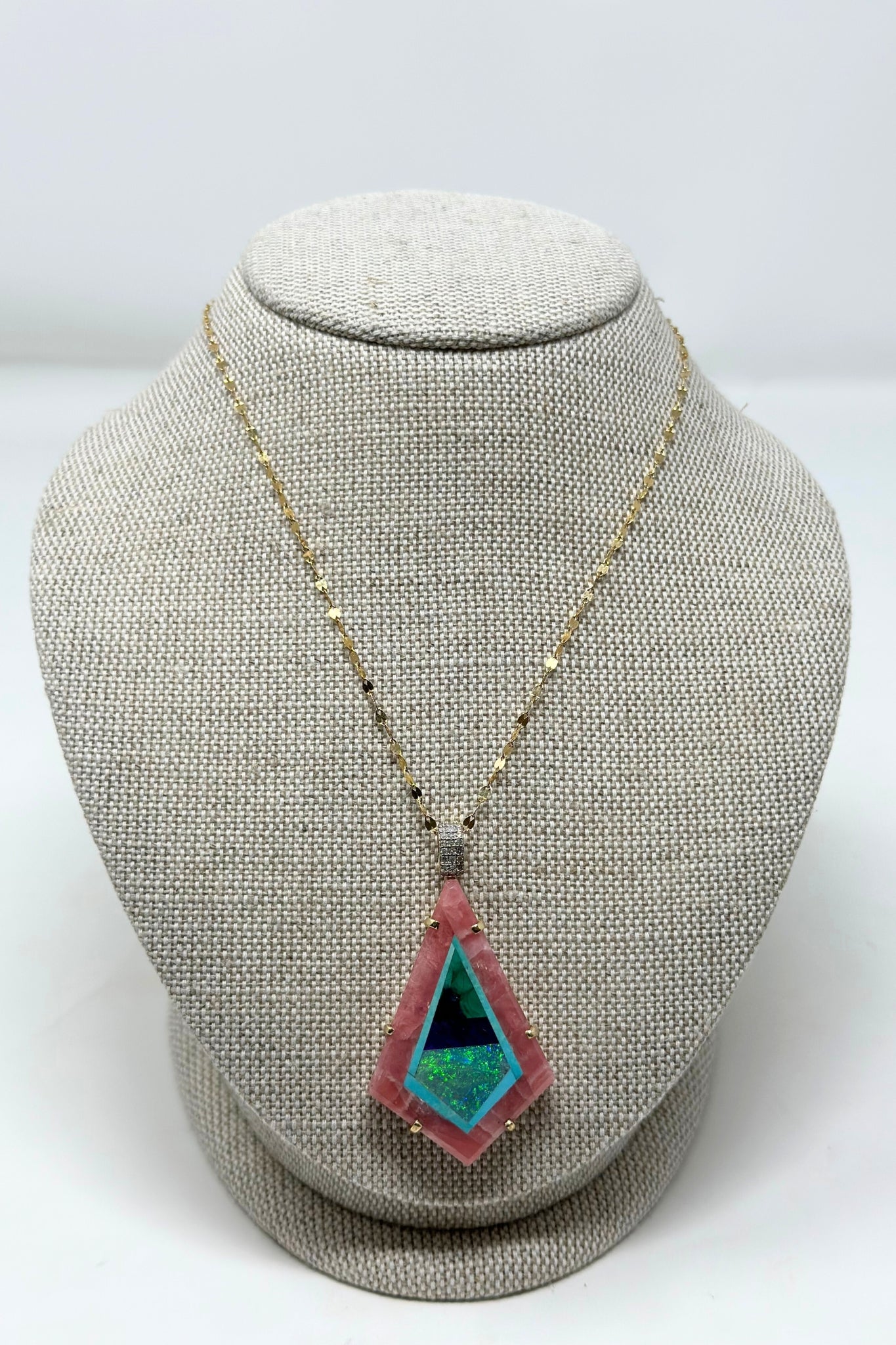 The Woods TS Necklace with Natural Inlaid Rhodochrosite with Malachite, Opal and Turquoise Pendant - Vermillion