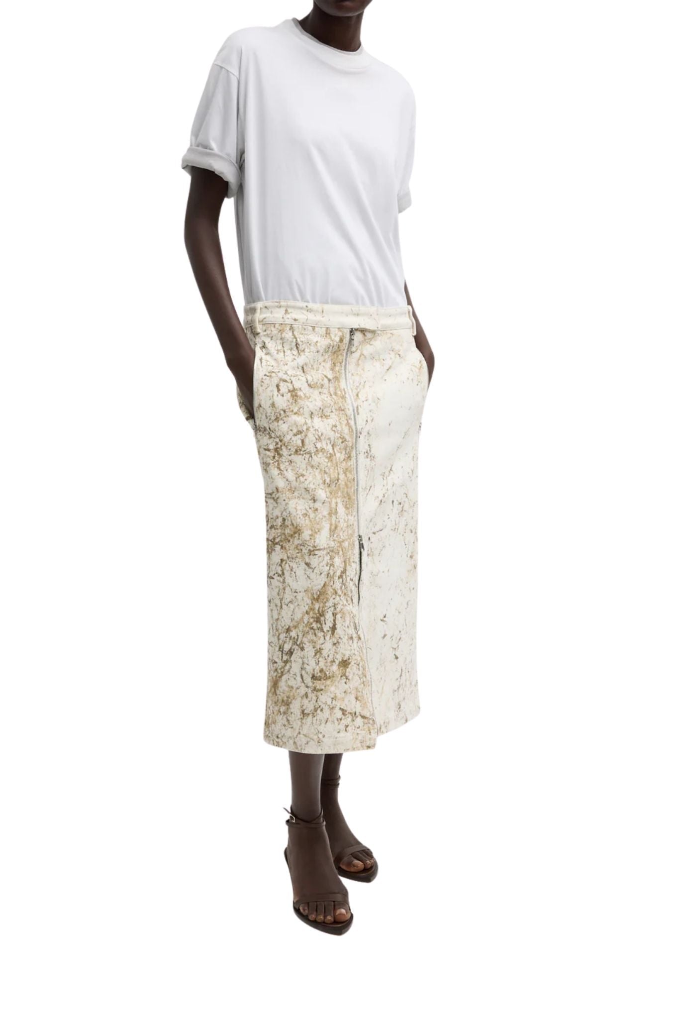 Tibi Calcimin Denim Midi Trouser Zip Skirt - Vermillion