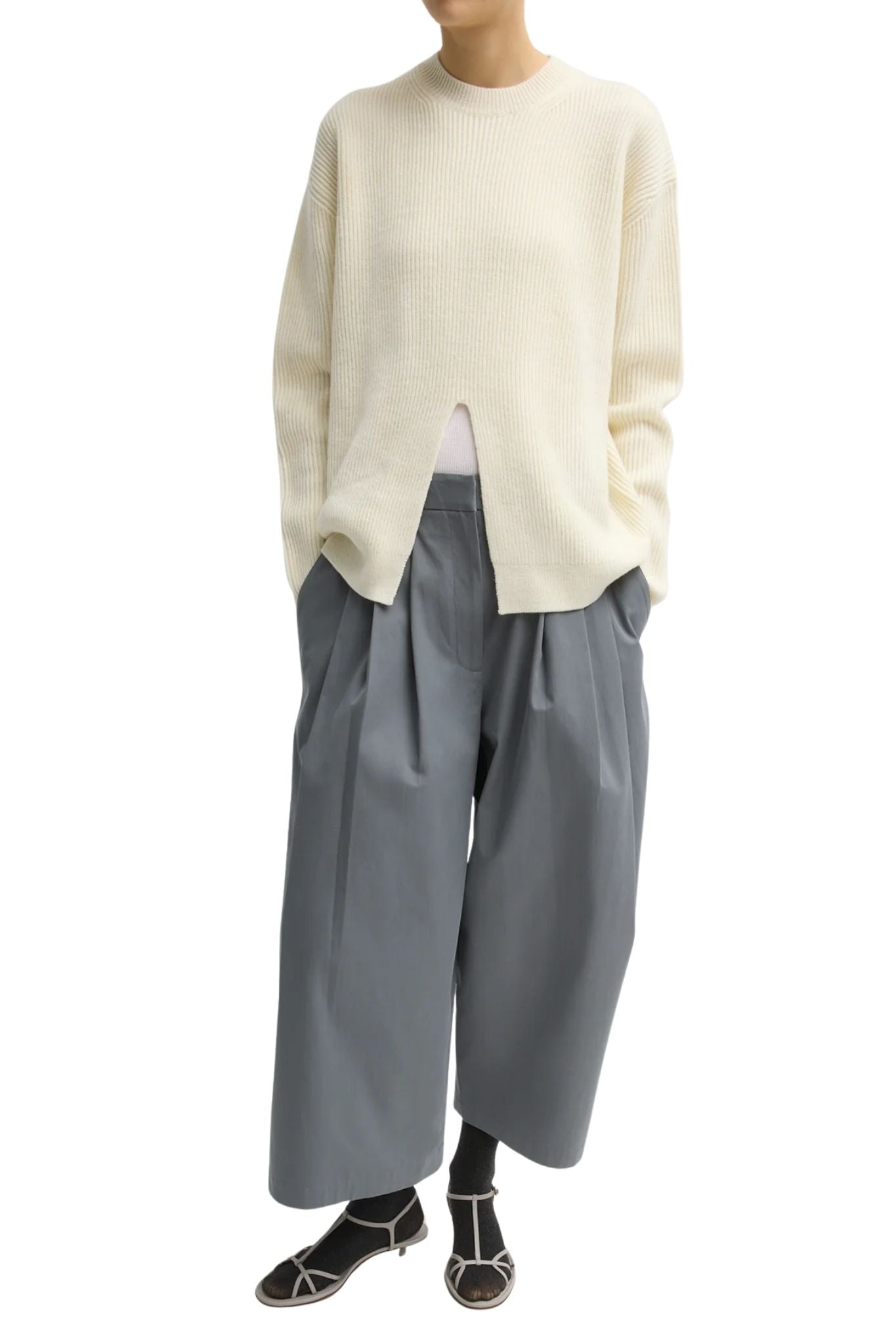 Tibi Cardigan Stitch Split Front Crewneck Easy Pullover - Vermillion