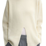 Tibi Cardigan Stitch Split Front Crewneck Easy Pullover - Vermillion
