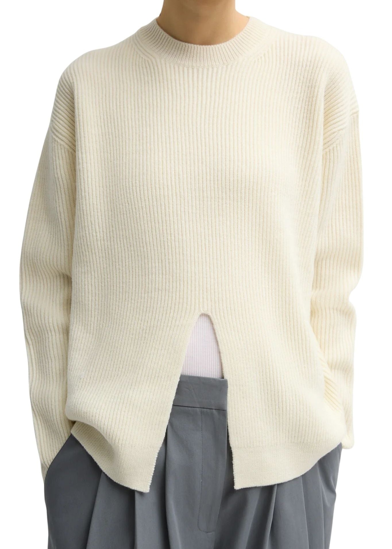 Tibi Cardigan Stitch Split Front Crewneck Easy Pullover - Vermillion