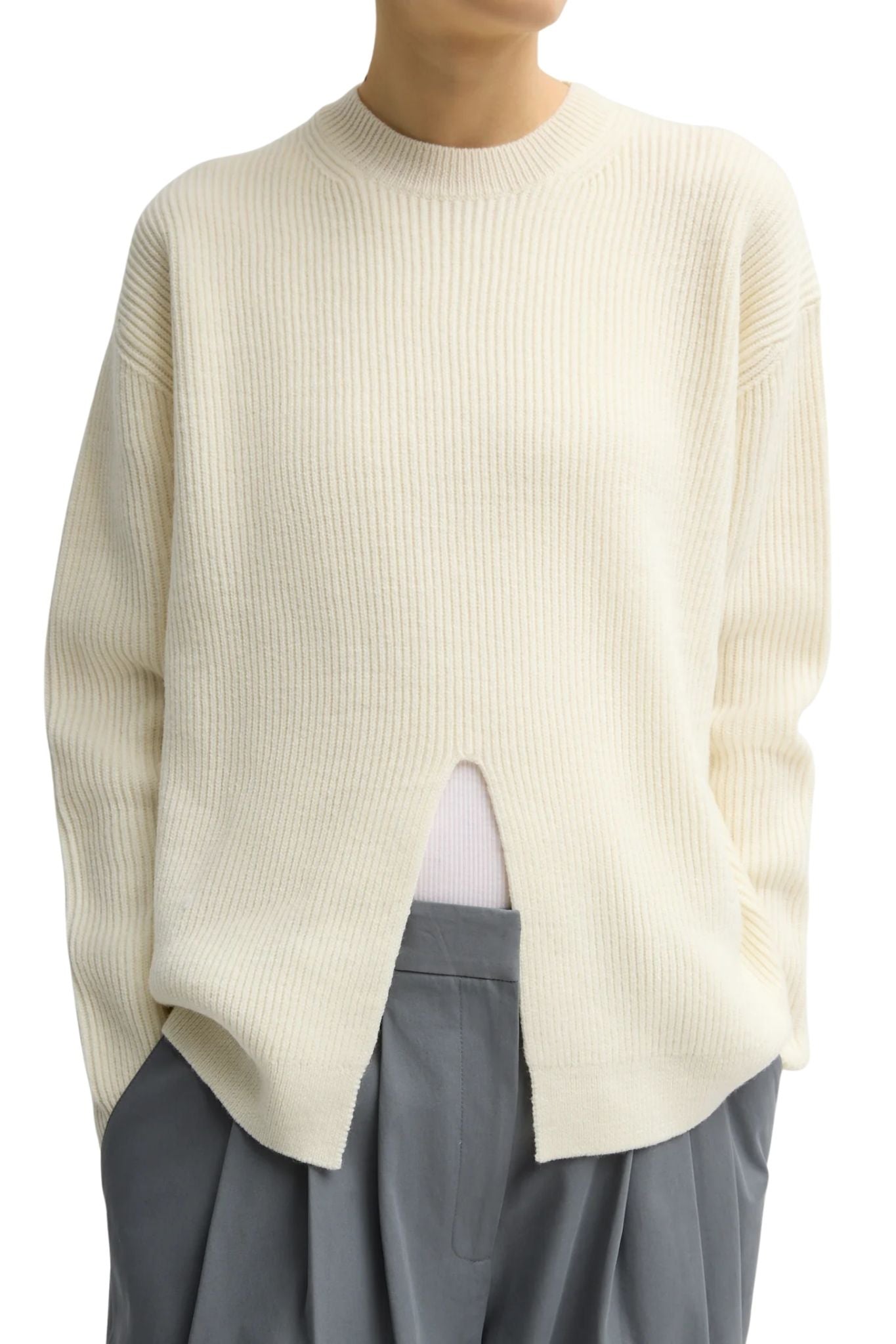 Tibi Cardigan Stitch Split Front Crewneck Easy Pullover - Vermillion