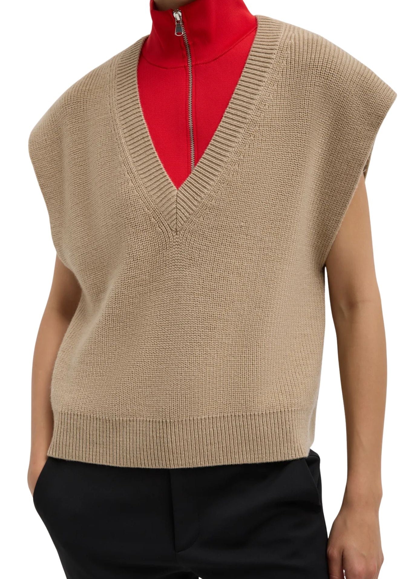 Tibi Cardigan Stitch Sweater Vest with Removable Dickie - Vermillion