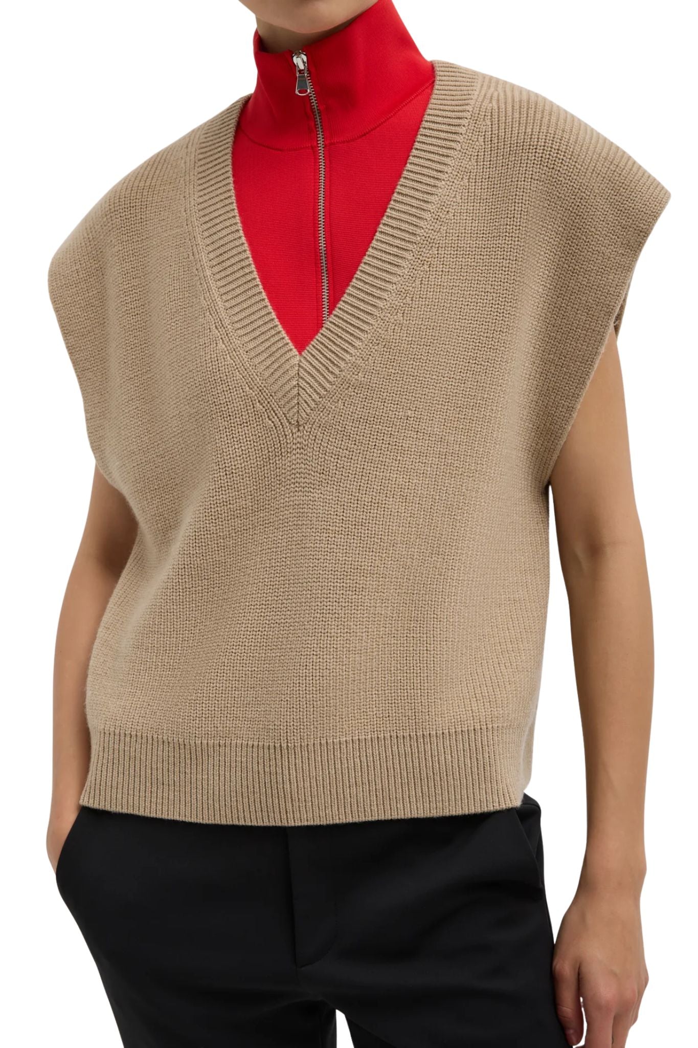 Tibi Cardigan Stitch Sweater Vest with Removable Dickie - Vermillion