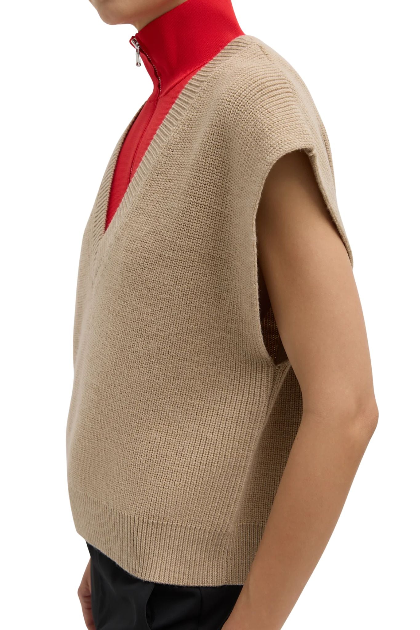 Tibi Cardigan Stitch Sweater Vest with Removable Dickie - Vermillion