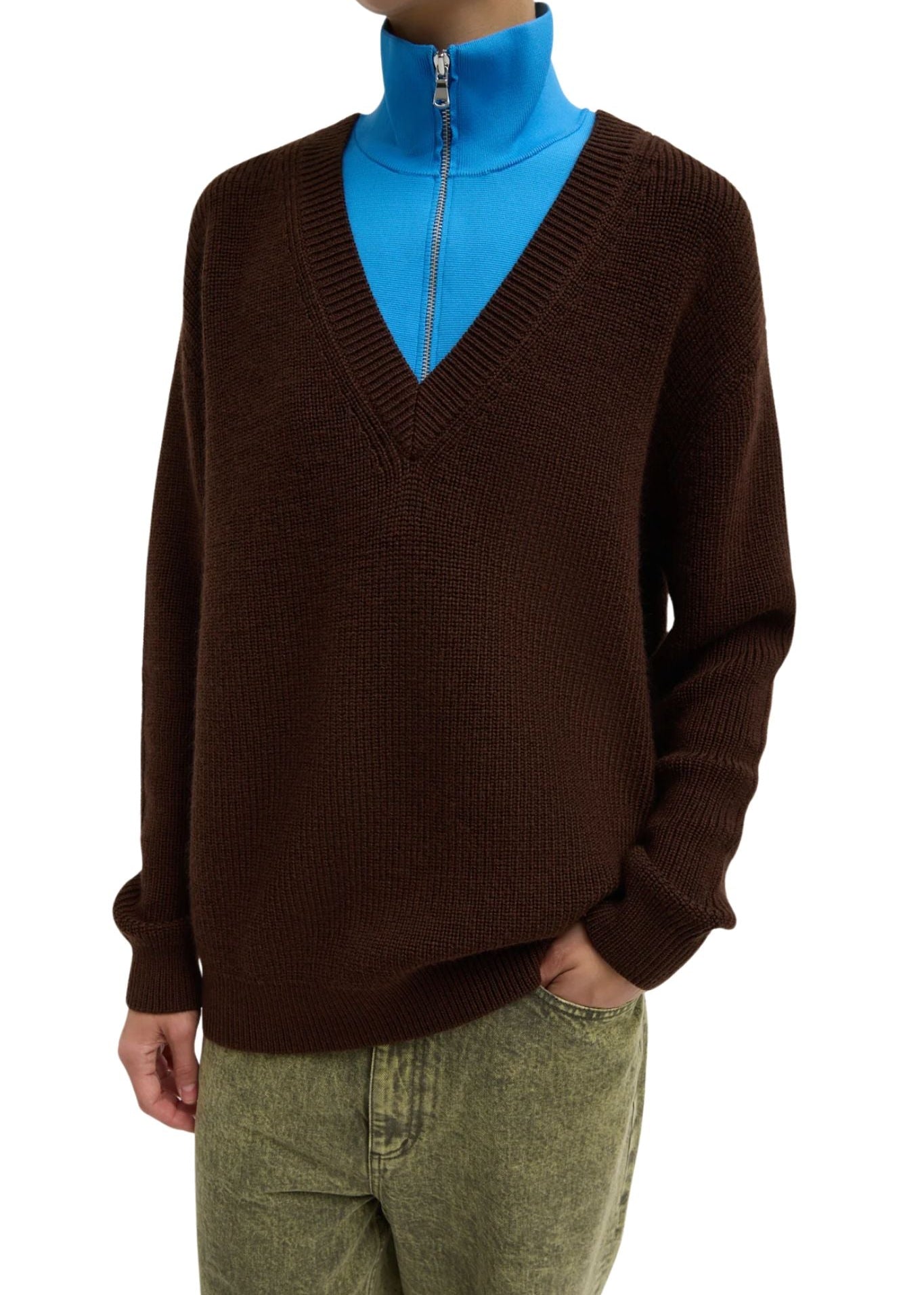 Tibi Cardigan Stitch V Neck with Removable Dickie - Vermillion