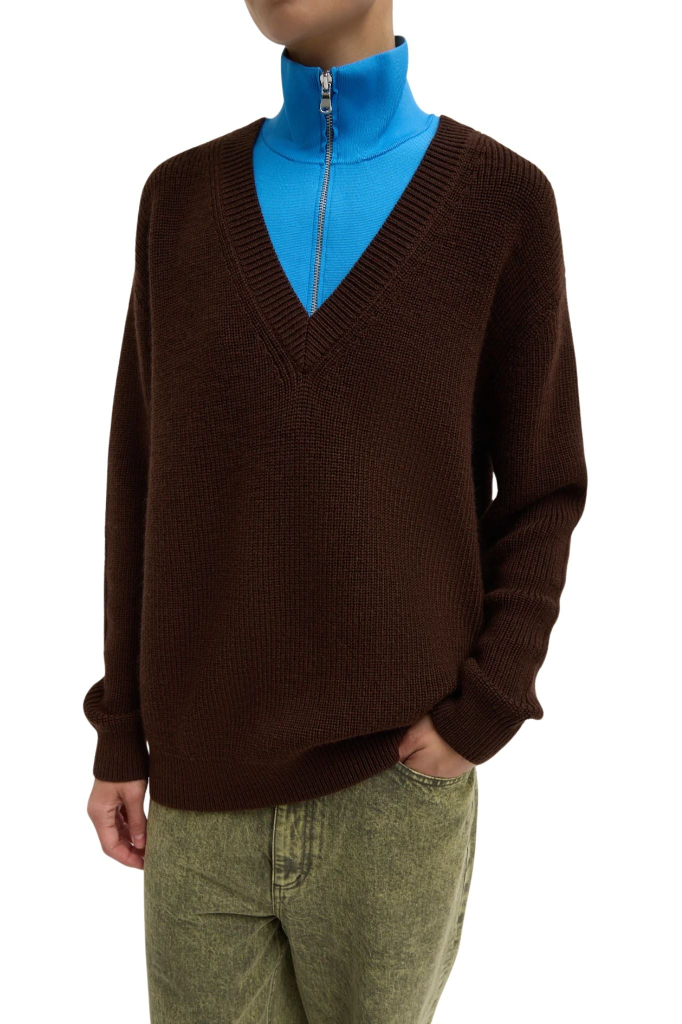 Tibi Cardigan Stitch V Neck with Removable Dickie - Vermillion