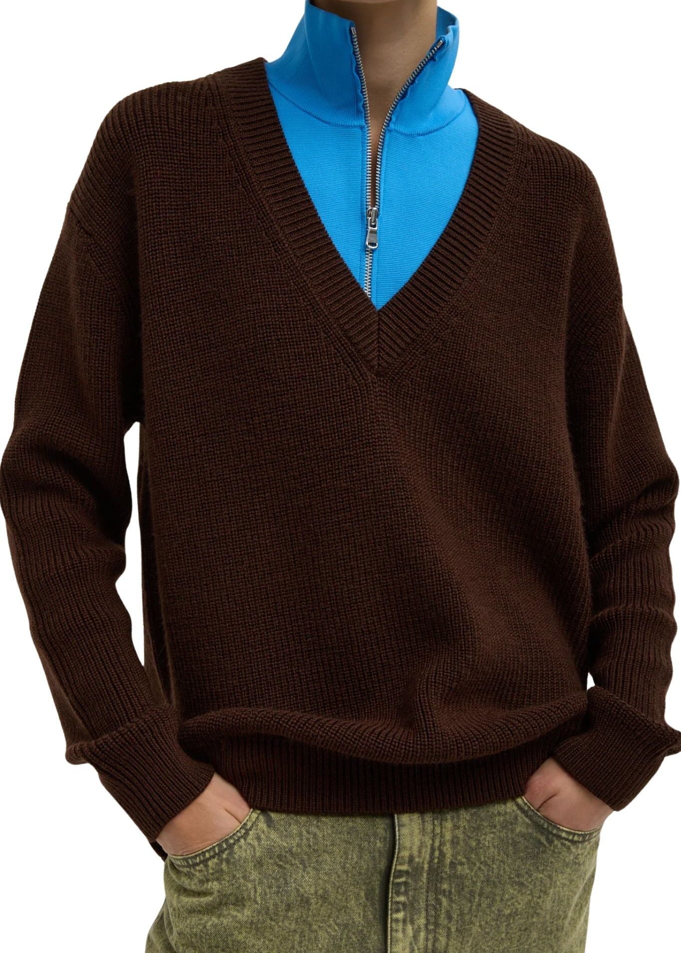 Tibi Cardigan Stitch V Neck with Removable Dickie - Vermillion