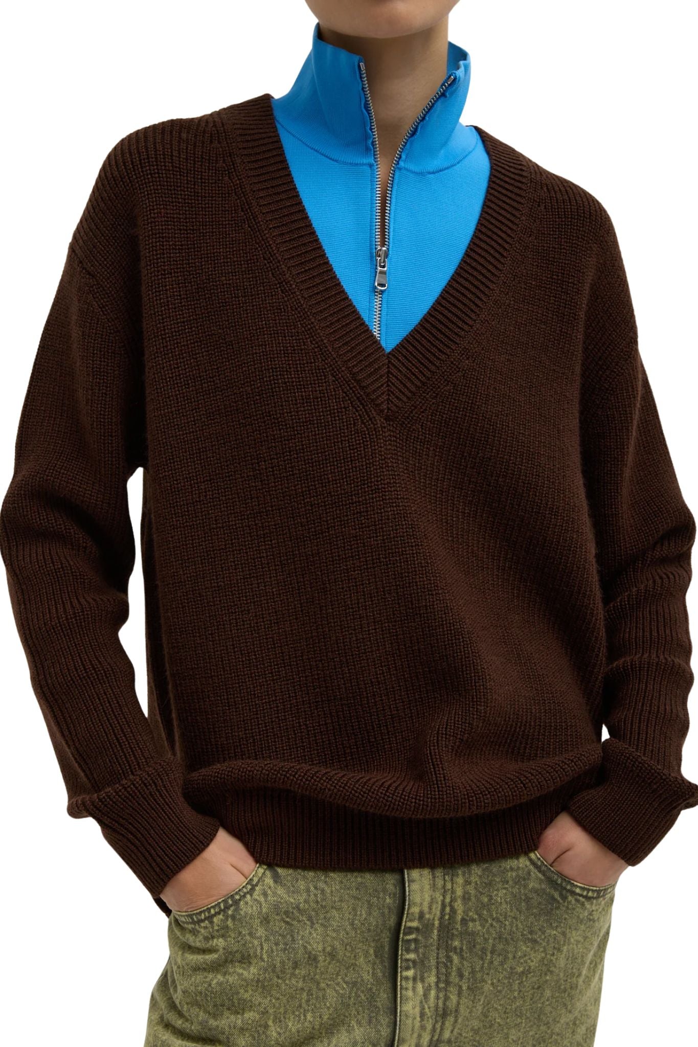 Tibi Cardigan Stitch V Neck with Removable Dickie - Vermillion