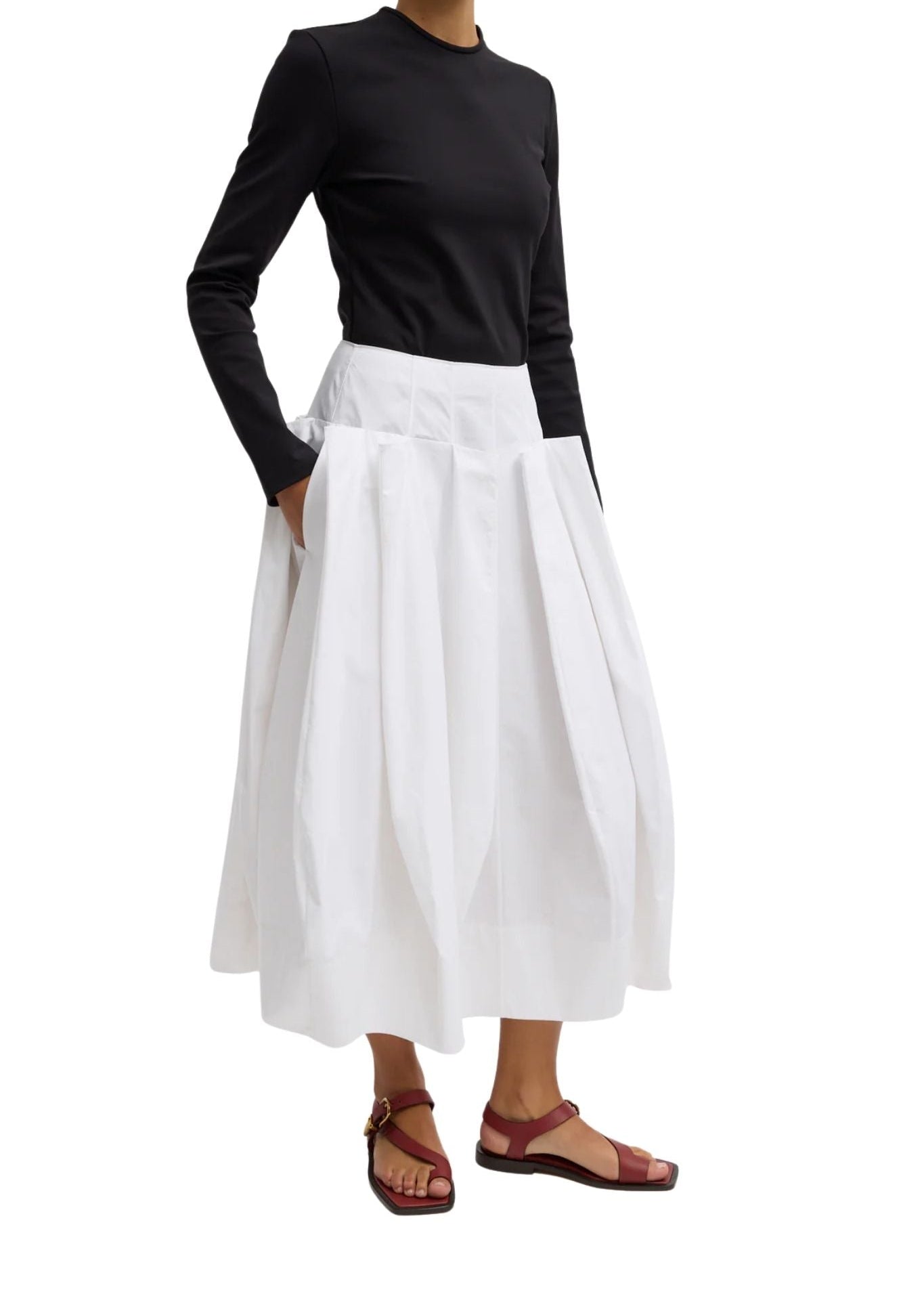 Tibi Compact Eco Poplin Pinched Pleat Full Skirt White - Vermillion