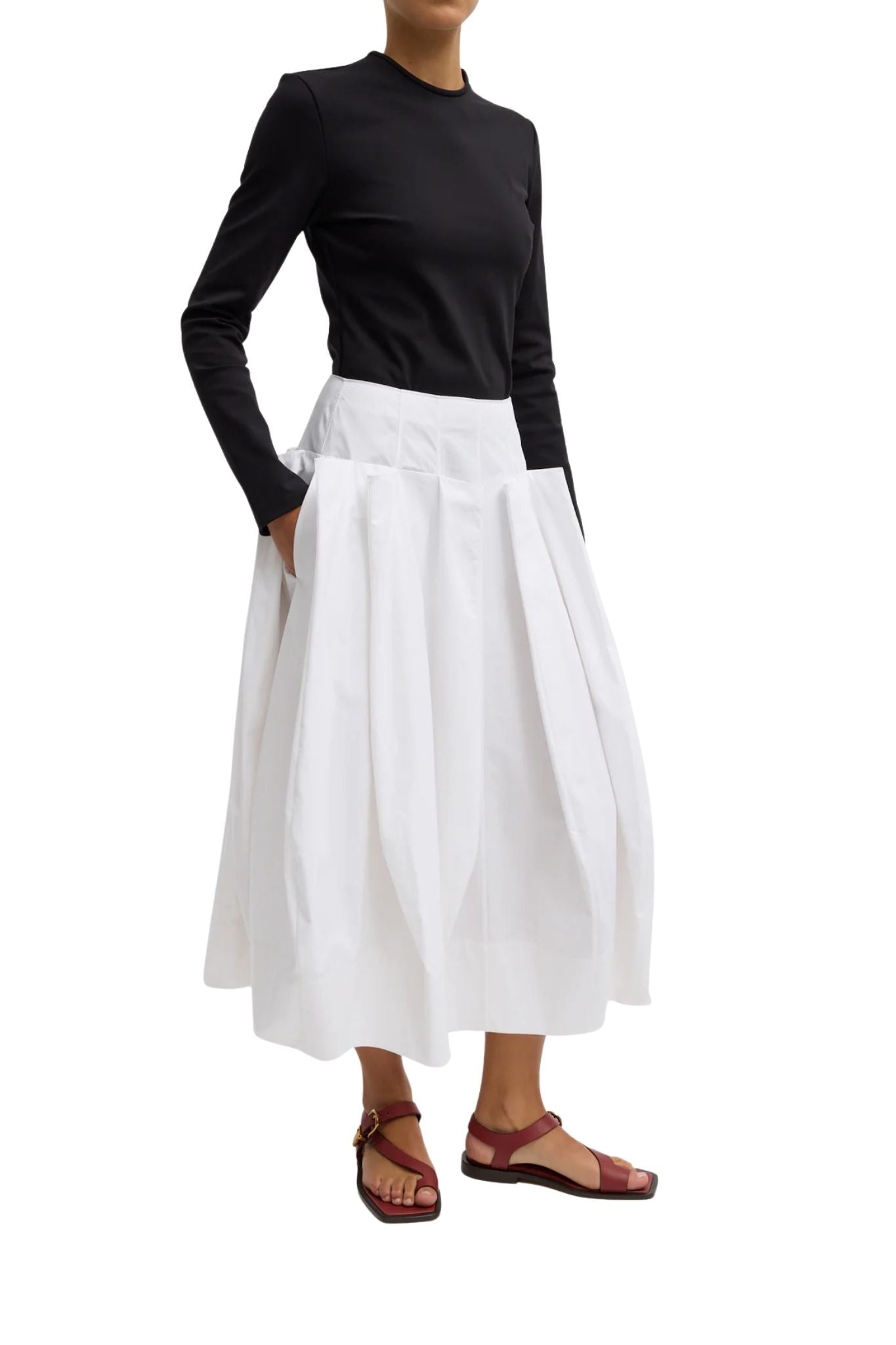 Tibi Compact Eco Poplin Pinched Pleat Full Skirt White - Vermillion