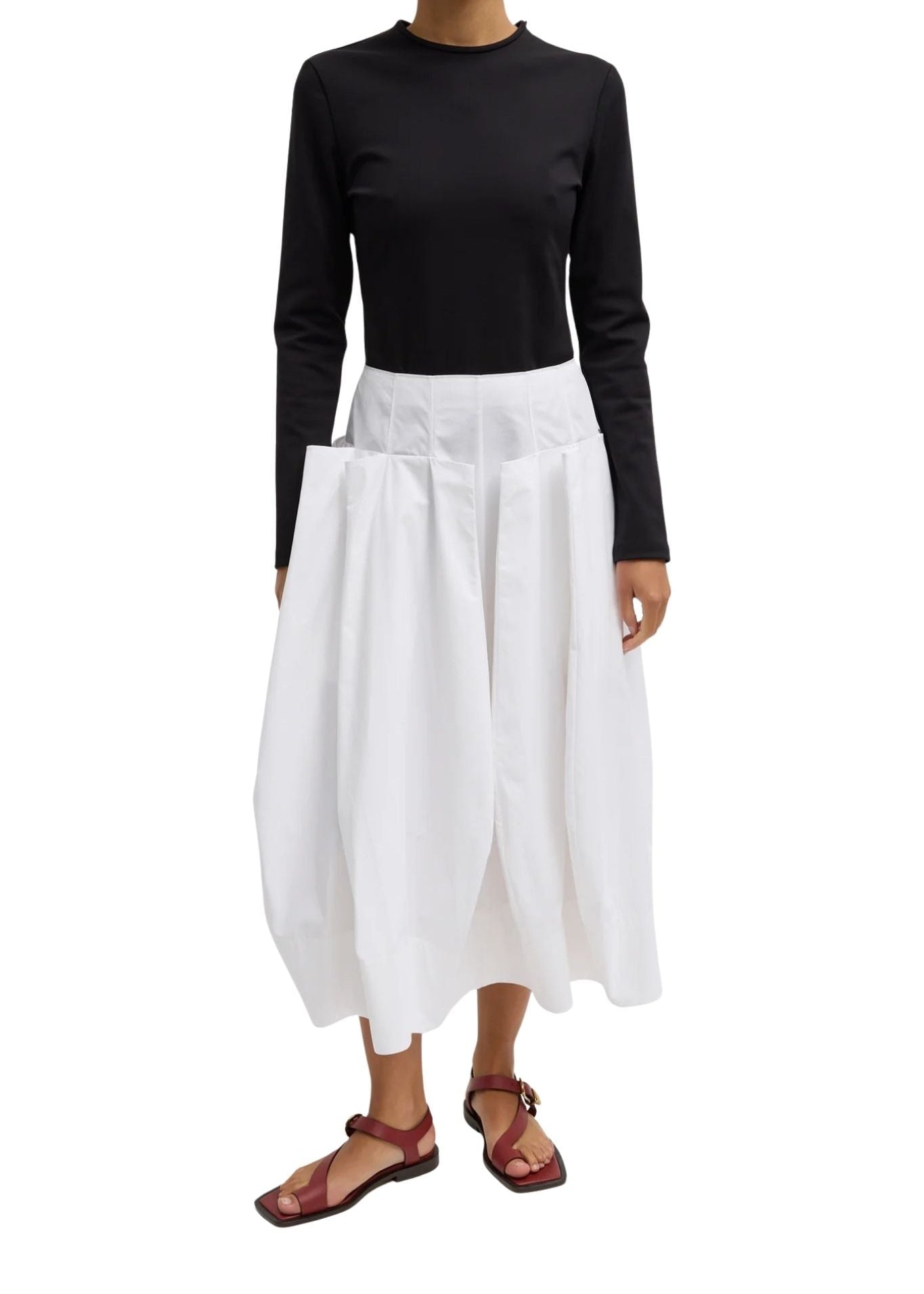 Tibi Compact Eco Poplin Pinched Pleat Full Skirt White - Vermillion