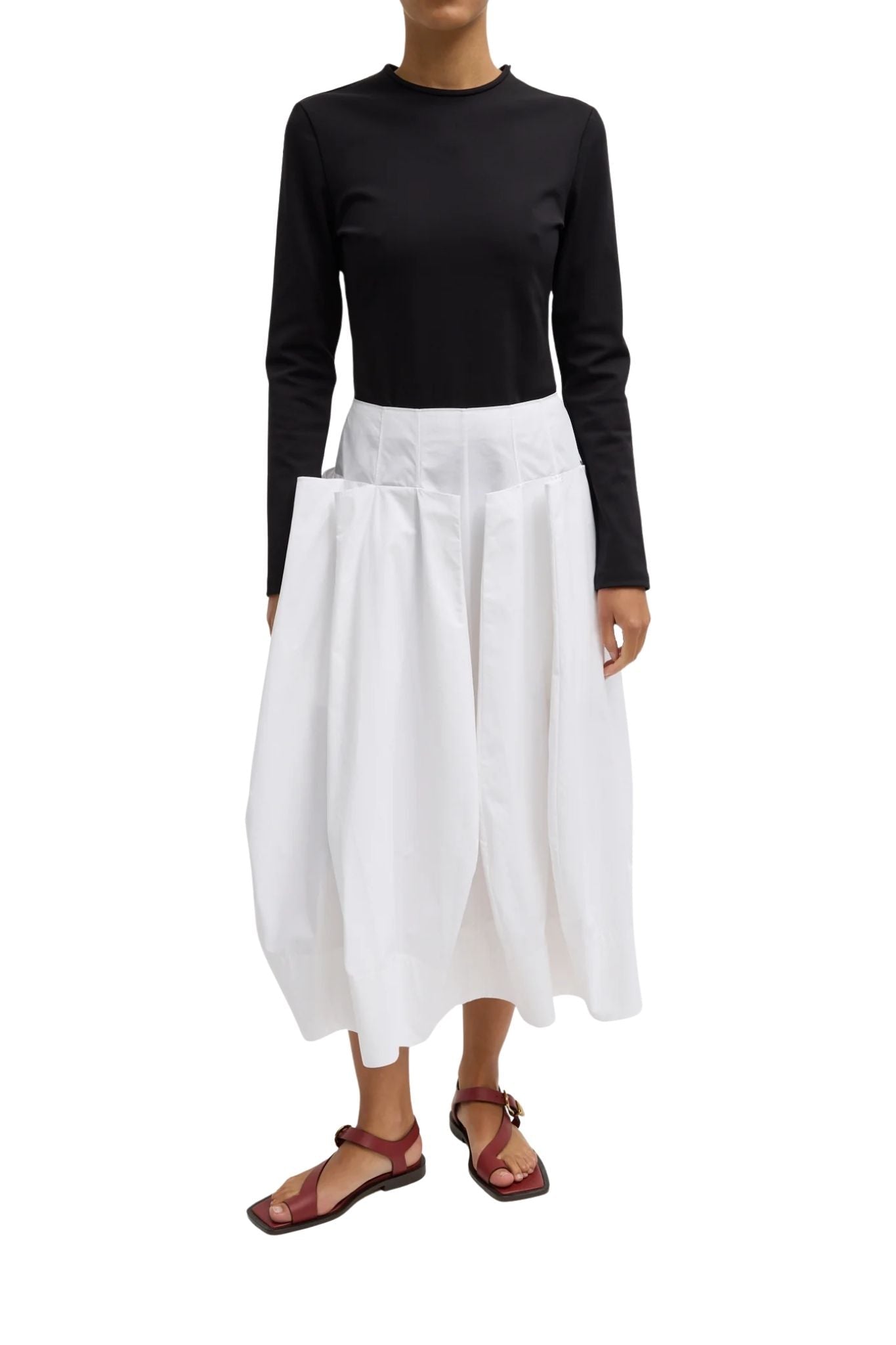 Tibi Compact Eco Poplin Pinched Pleat Full Skirt White - Vermillion