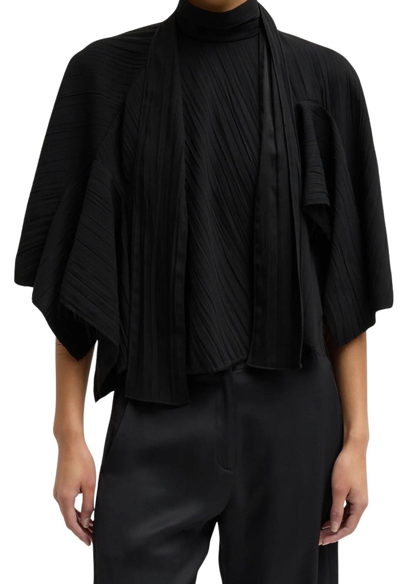 Tibi Creased Acetate Drape Cape Tie Top - Vermillion