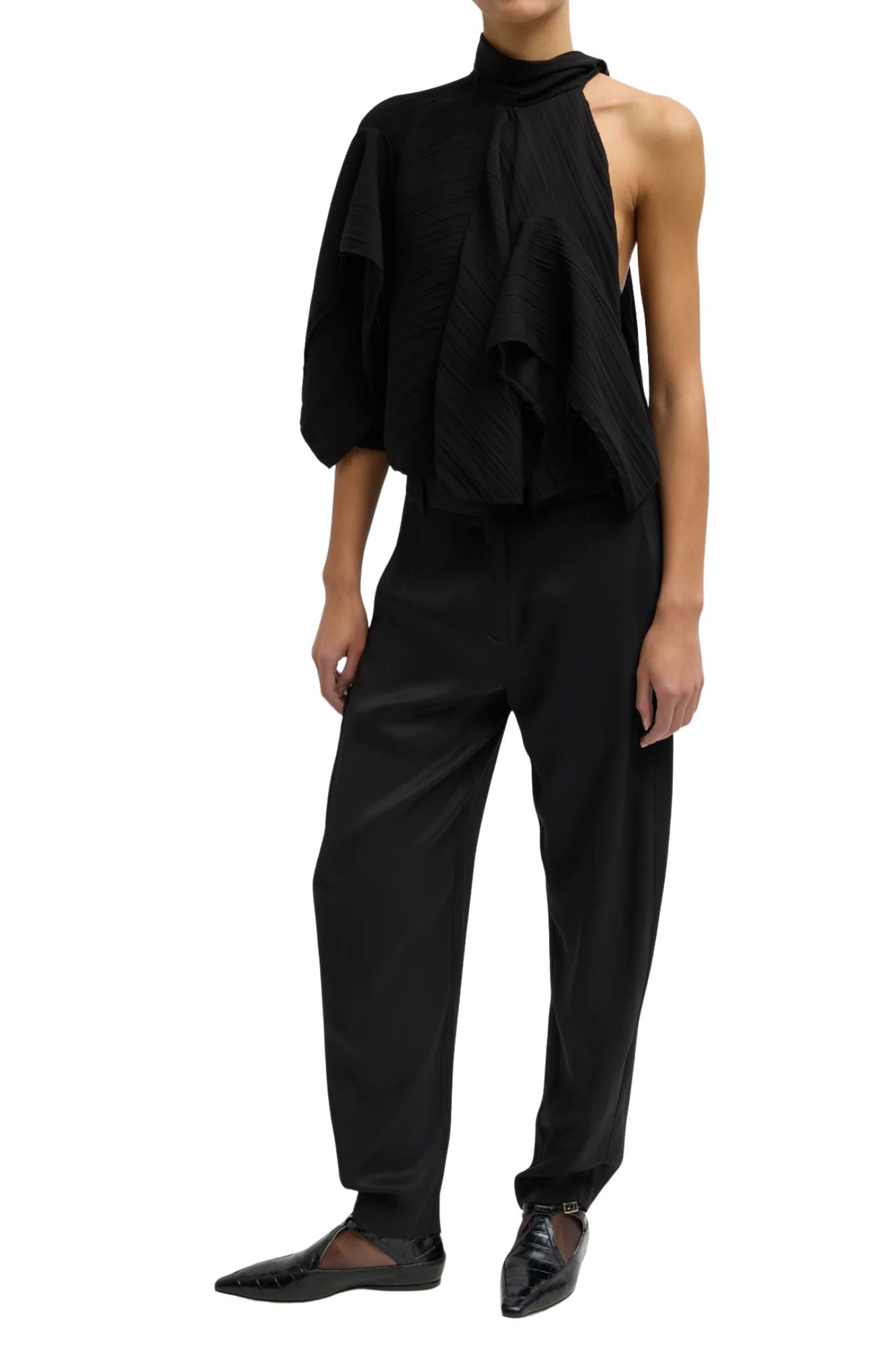Tibi Creased Acetate Drape Cape Tie Top - Vermillion