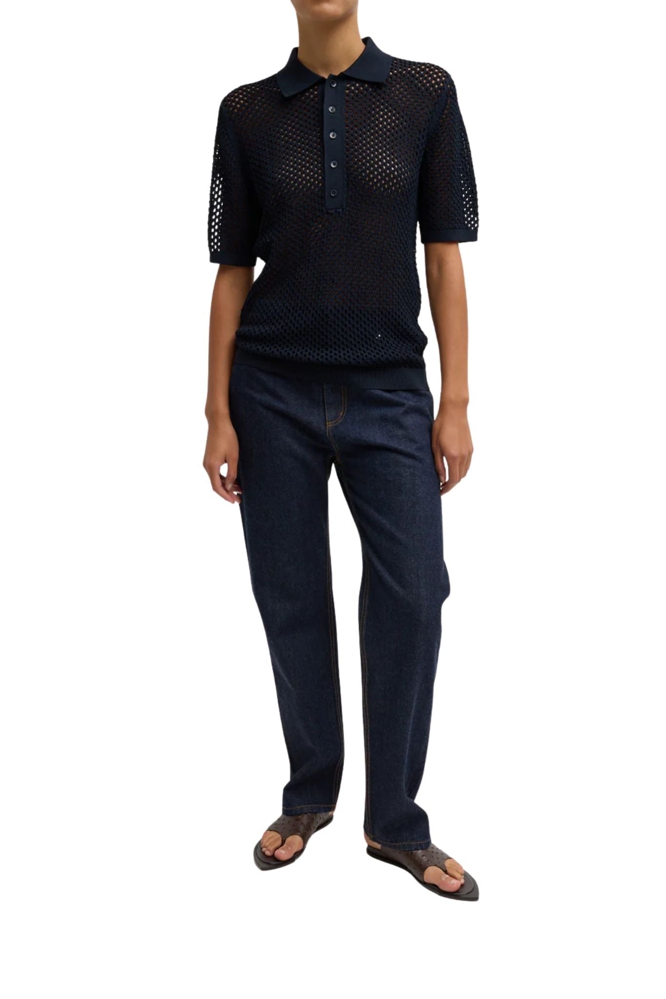 Tibi Crochet Netting Slim Polo Navy - Vermillion