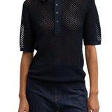 Tibi Crochet Netting Slim Polo Navy - Vermillion
