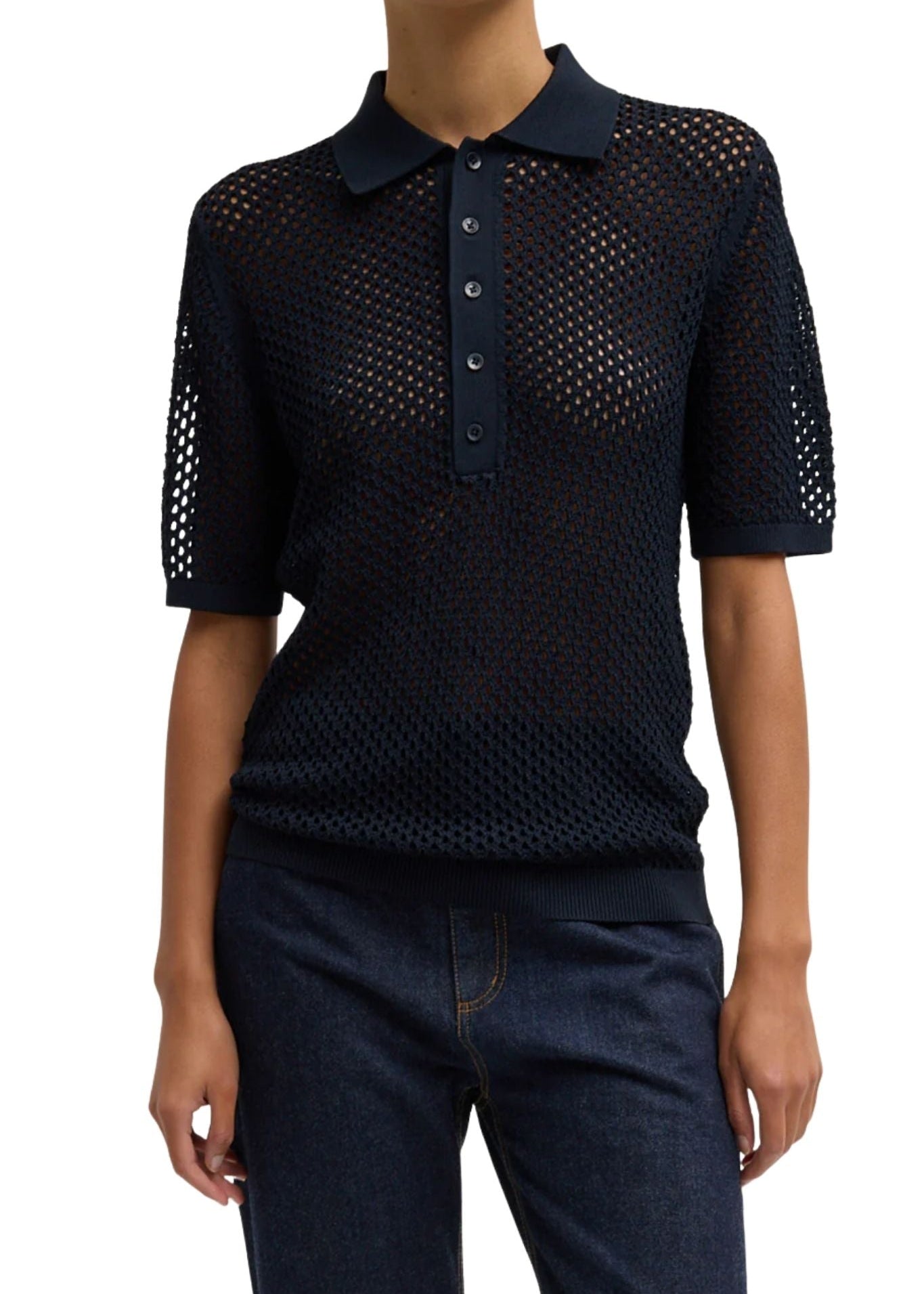Tibi Crochet Netting Slim Polo Navy - Vermillion
