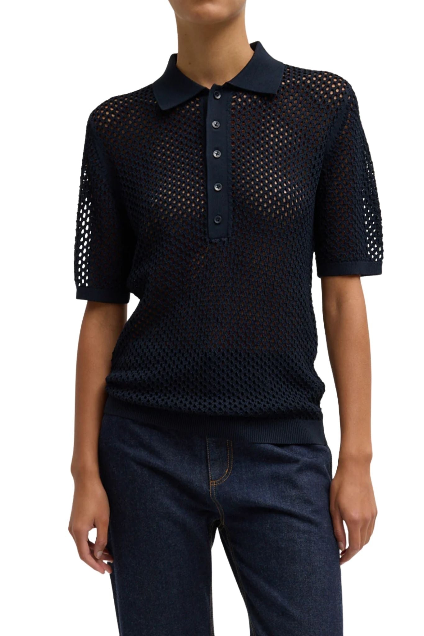 Tibi Crochet Netting Slim Polo Navy - Vermillion