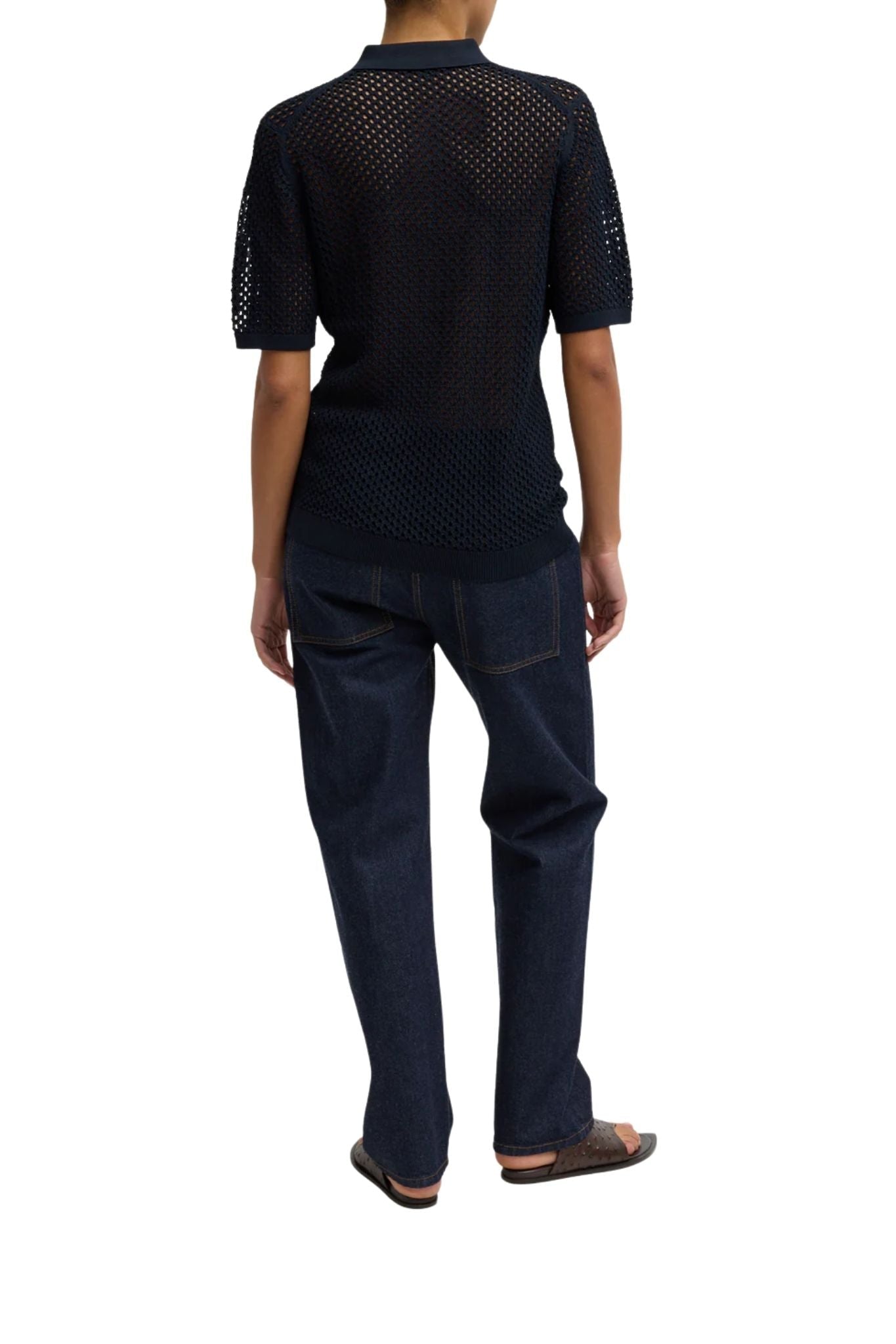 Tibi Crochet Netting Slim Polo Navy - Vermillion