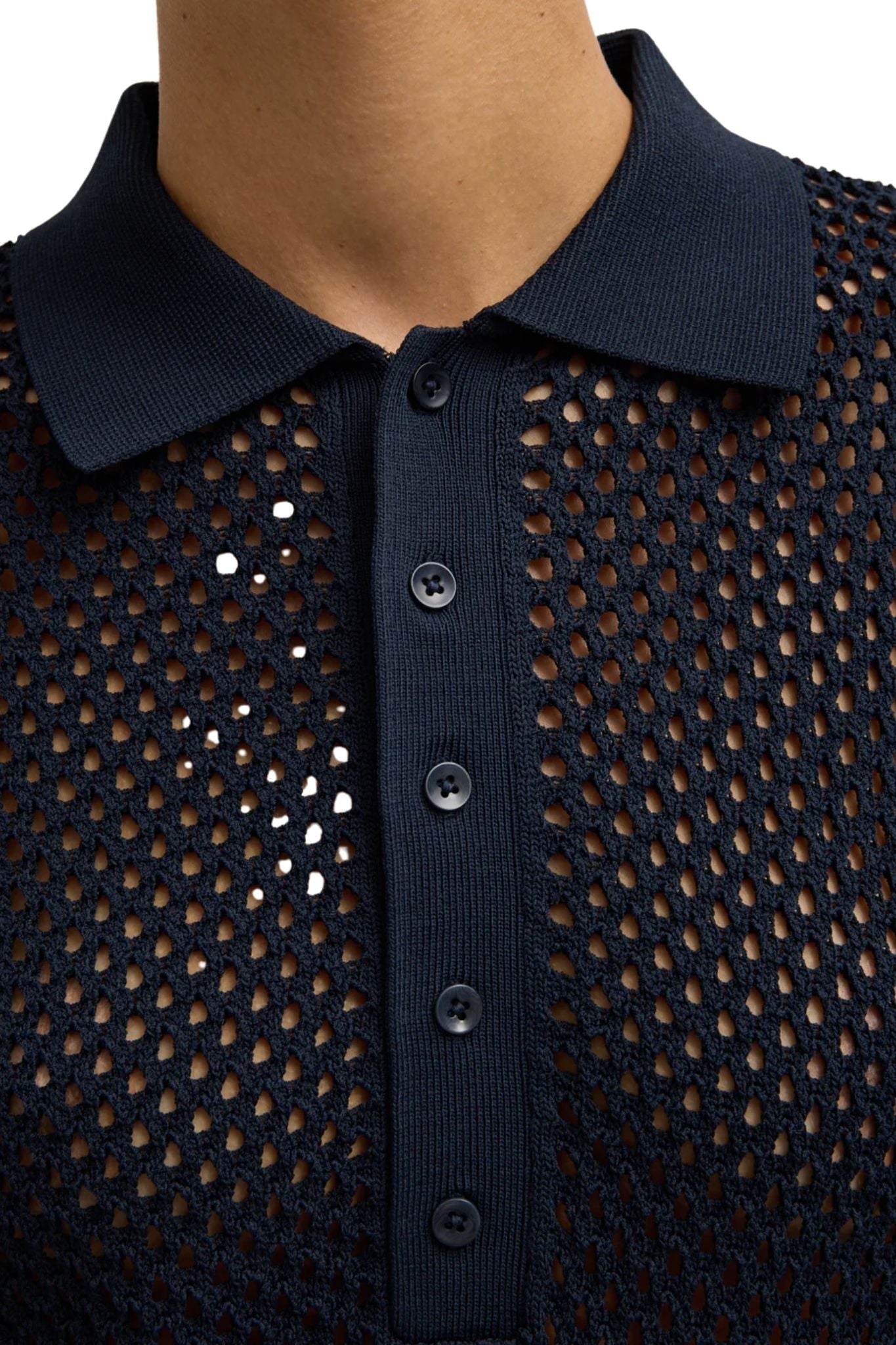 Tibi Crochet Netting Slim Polo Navy - Vermillion