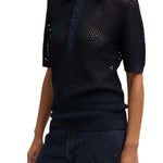 Tibi Crochet Netting Slim Polo Navy - Vermillion