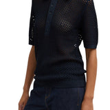 Tibi Crochet Netting Slim Polo Navy - Vermillion