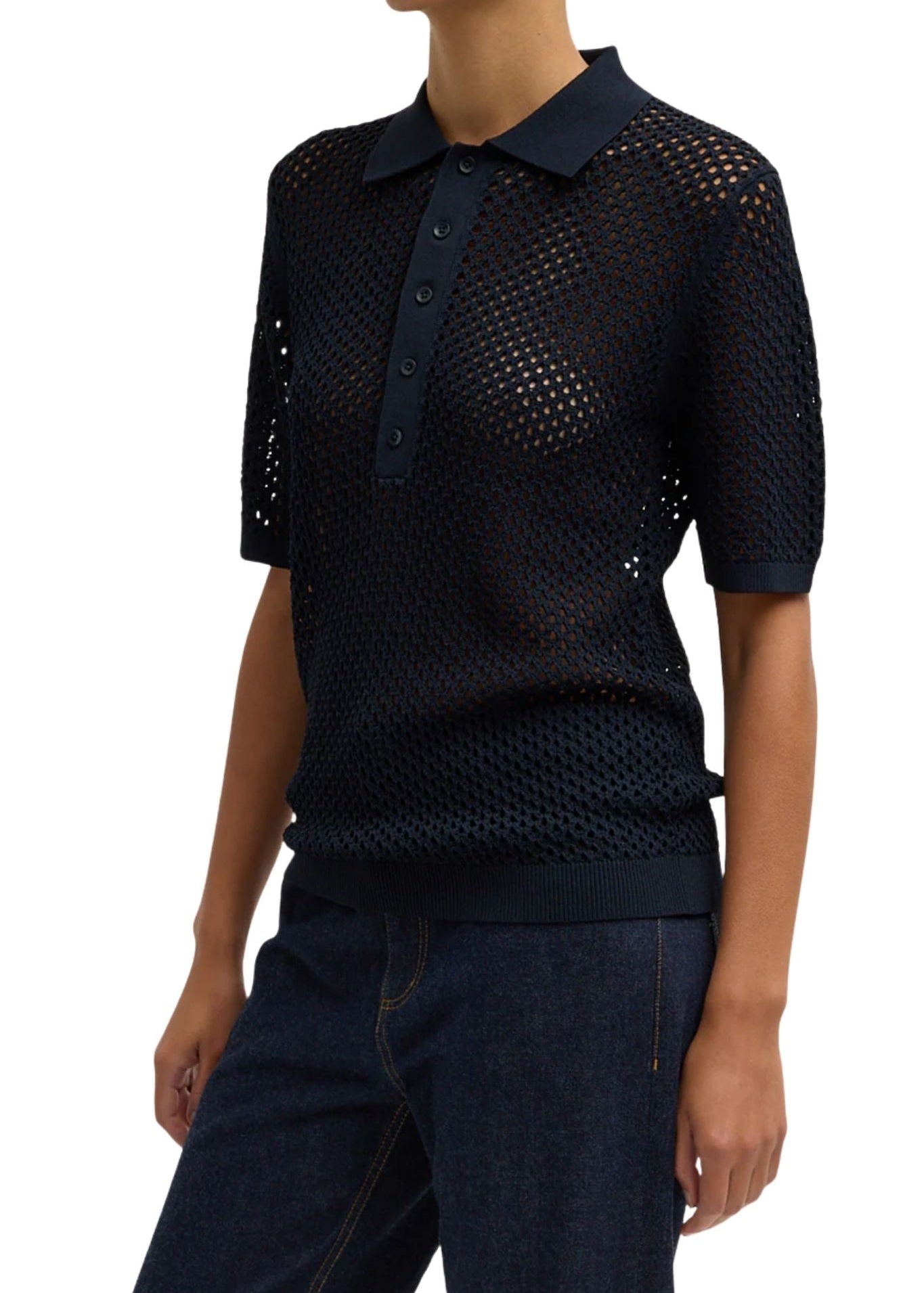 Tibi Crochet Netting Slim Polo Navy - Vermillion