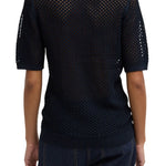 Tibi Crochet Netting Slim Polo Navy - Vermillion