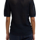 Tibi Crochet Netting Slim Polo Navy - Vermillion
