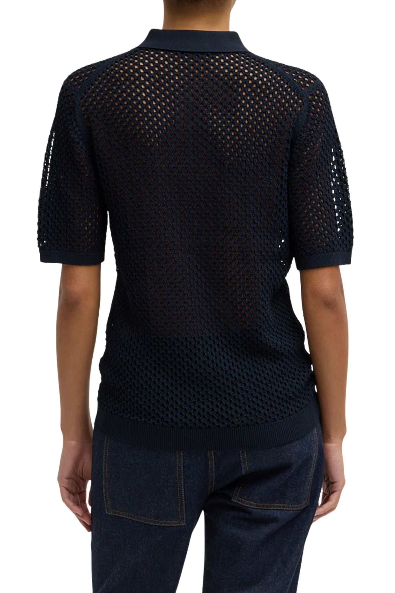 Tibi Crochet Netting Slim Polo Navy - Vermillion