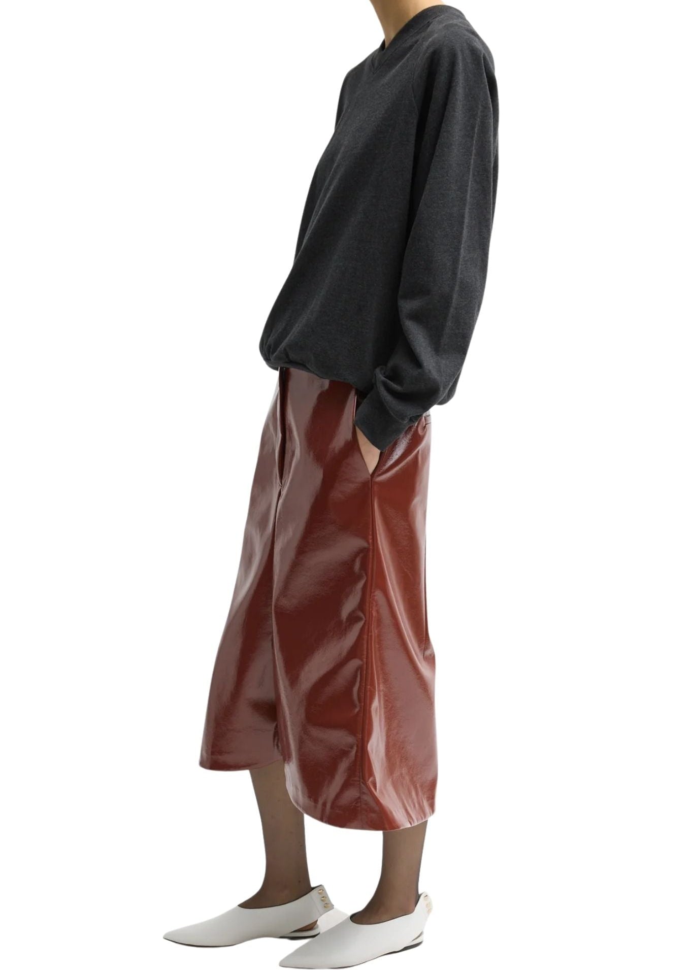 Tibi Faux Patent Leather Sculpted Silke Skirt - Vermillion