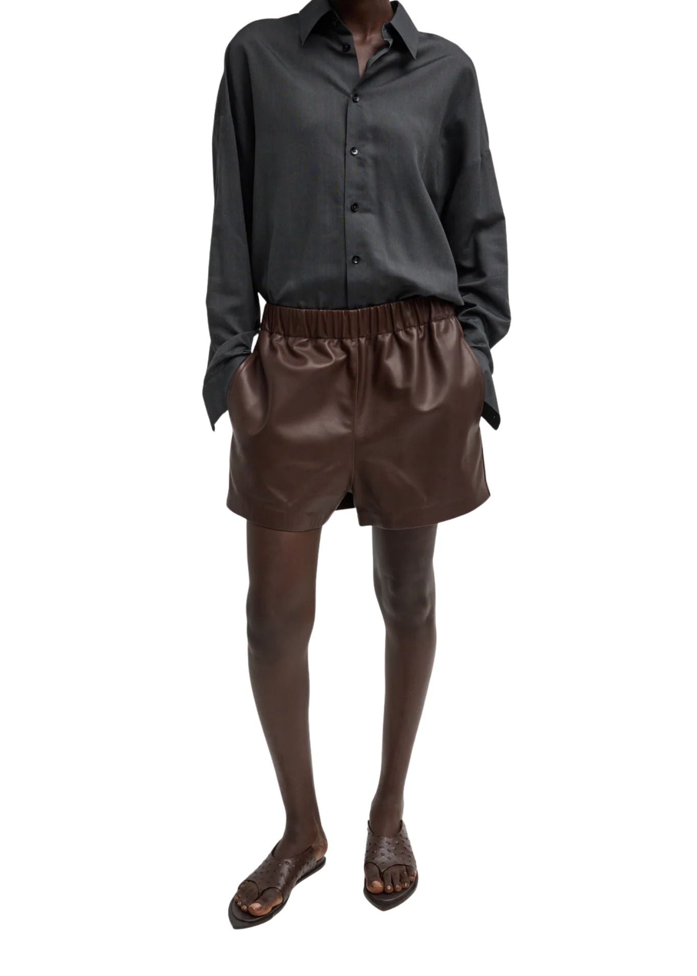 Tibi Leather Pull on Shorts Brown - Vermillion