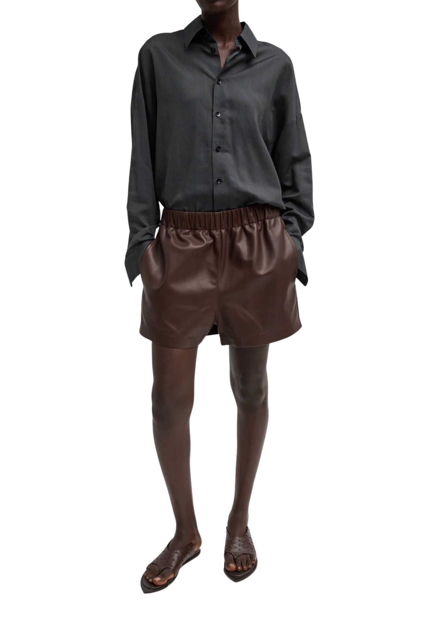 Tibi Leather Pull on Shorts Brown - Vermillion
