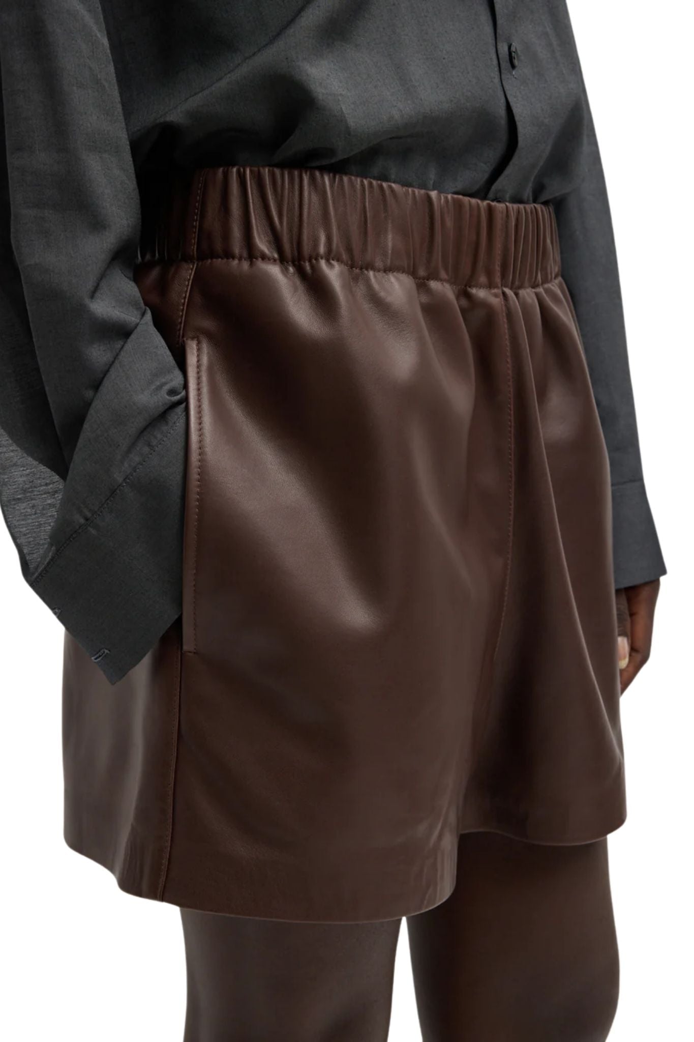 Tibi Leather Pull on Shorts Brown - Vermillion