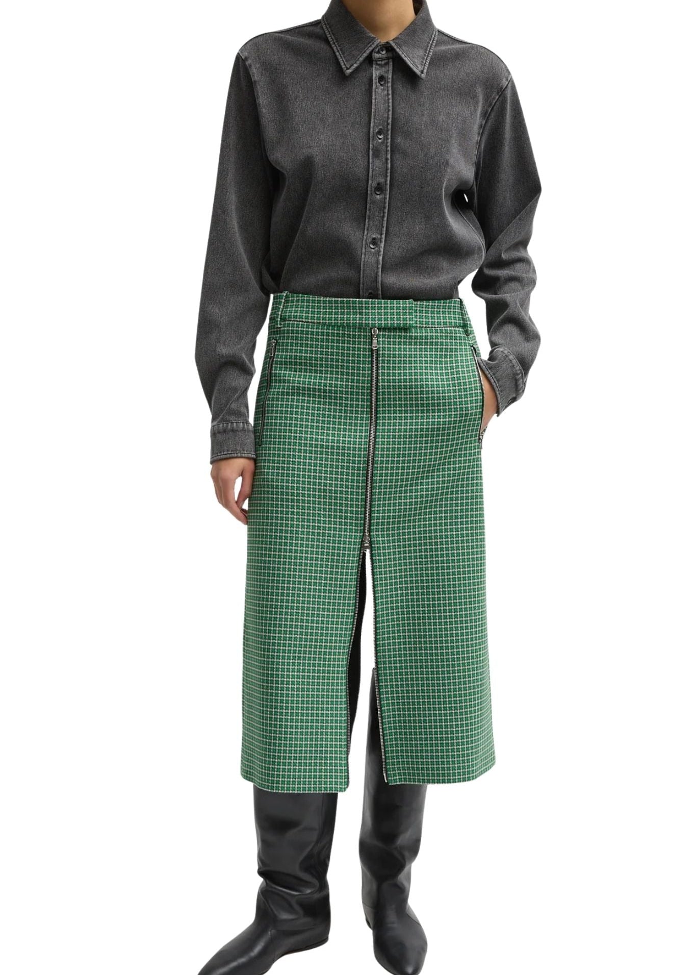 Tibi Leon Check Midi Trouser Zip Skirt - Vermillion