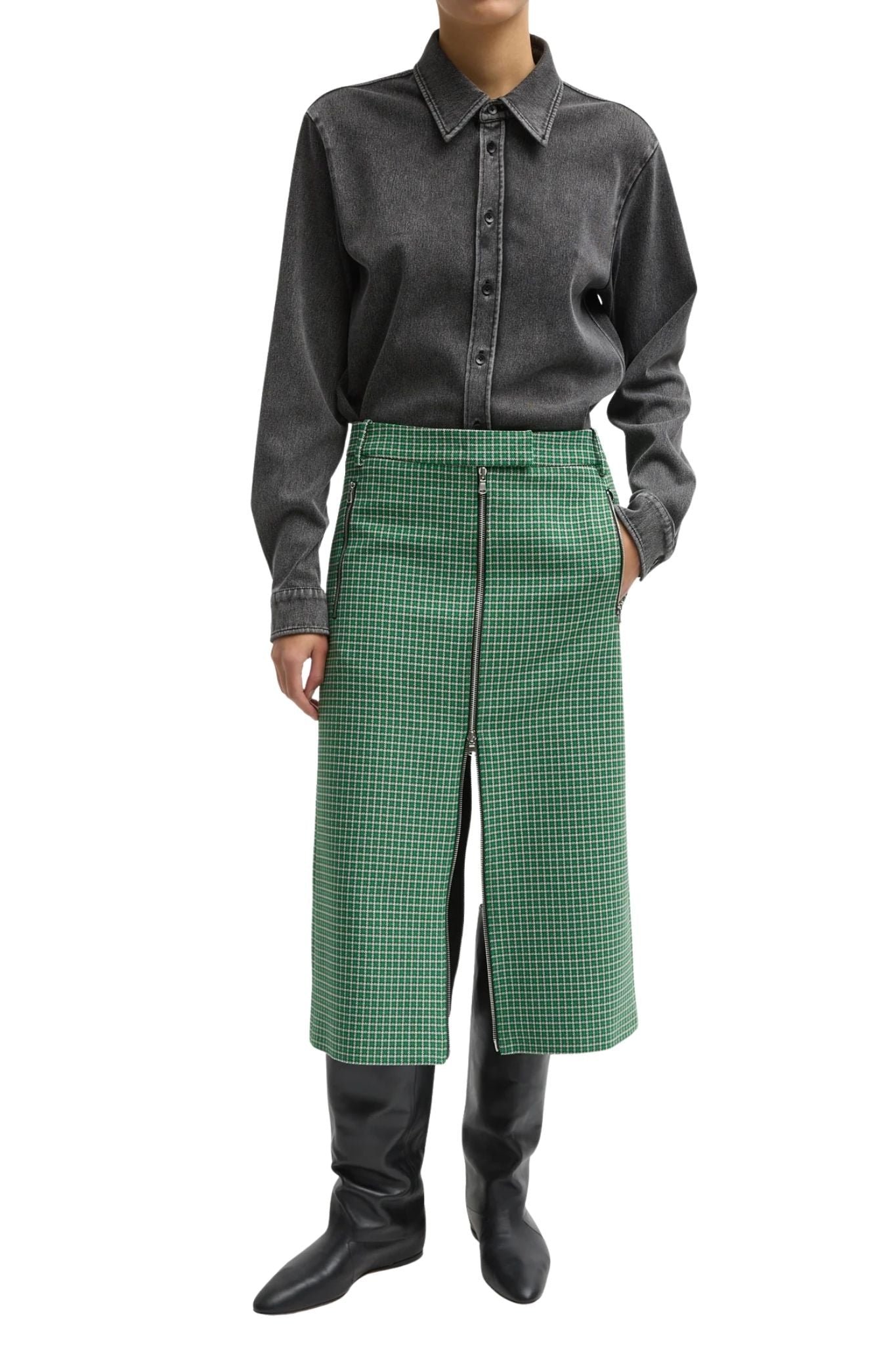 Tibi Leon Check Midi Trouser Zip Skirt - Vermillion