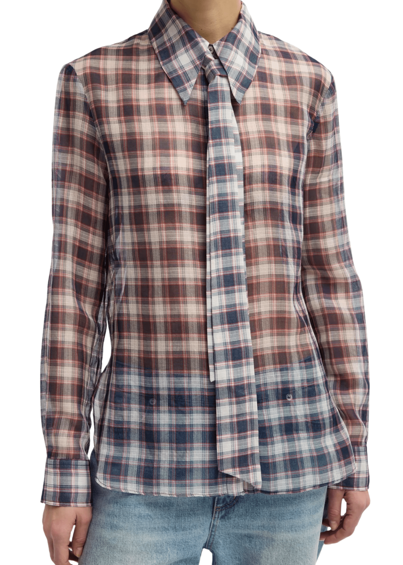 Tibi Silk Cotton Plaid Blouse with Removable Tie - Vermillion