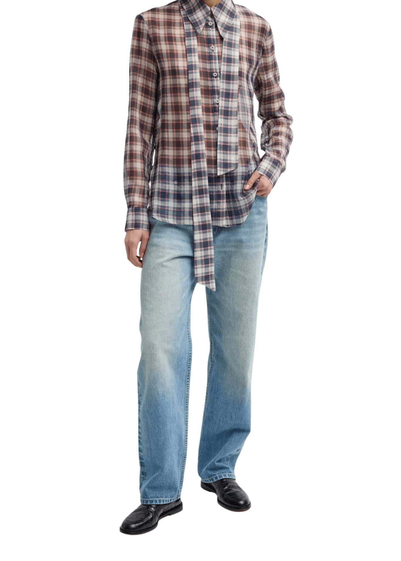 Tibi Silk Cotton Plaid Blouse with Removable Tie - Vermillion