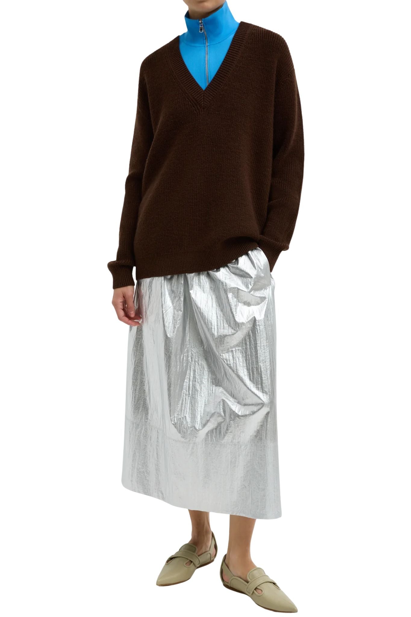 Tibi Silver Metallic Nylon Pull On Full Skirt - Vermillion
