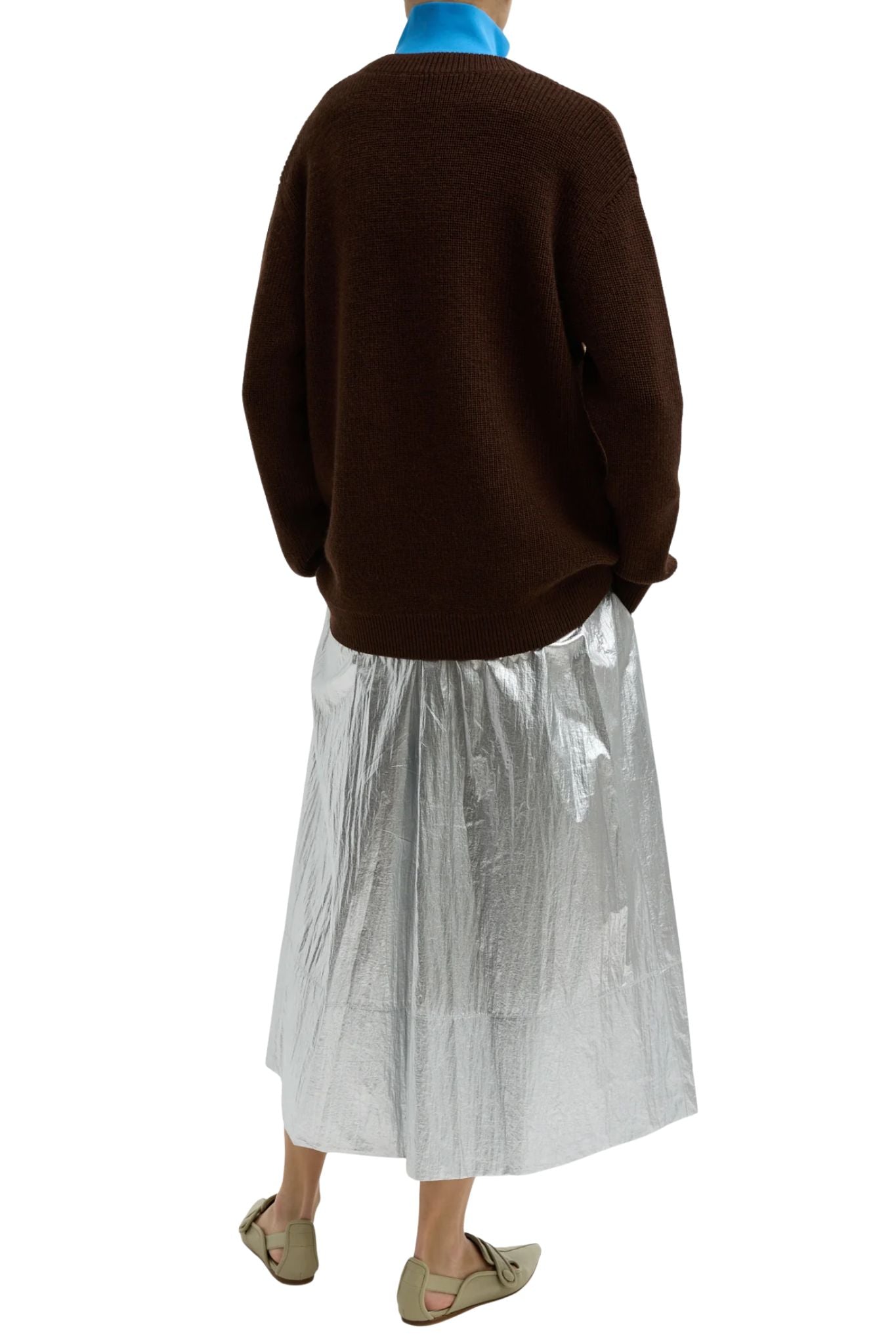 Tibi Silver Metallic Nylon Pull On Full Skirt - Vermillion