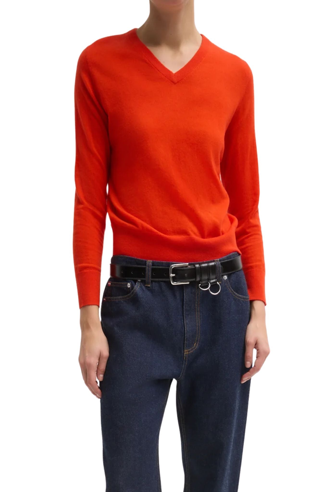 Tibi Skinlike Mercerized Wool Shrunken Vneck Sweater - Vermillion